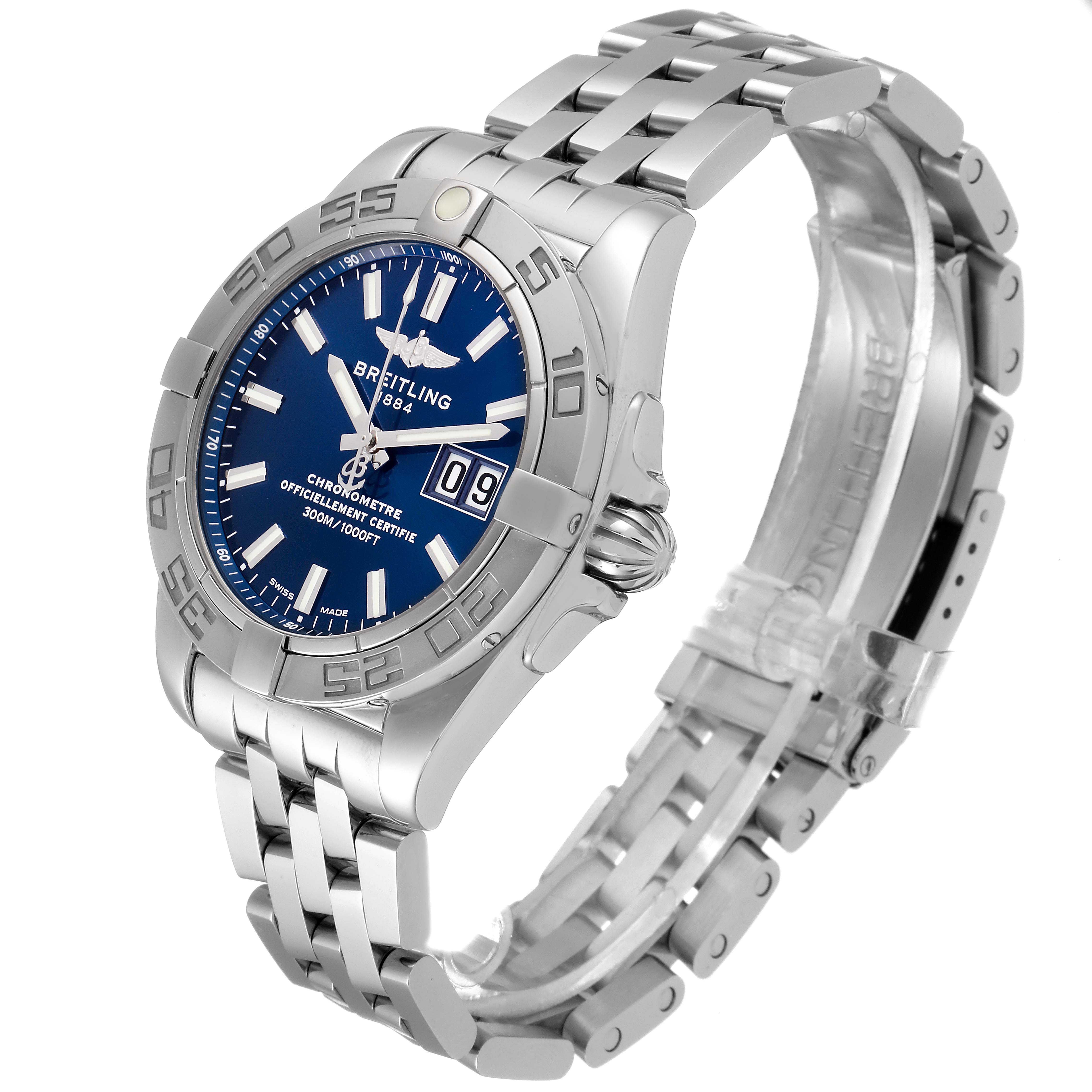 The image shows a side angle of the Breitling Windrider A49350 Men's Stainless Steel Blue Dial A49350 Men's Stainless Steel Blue Dial watch, highlighting its blue dial, bezel, bracelet, and clasp.