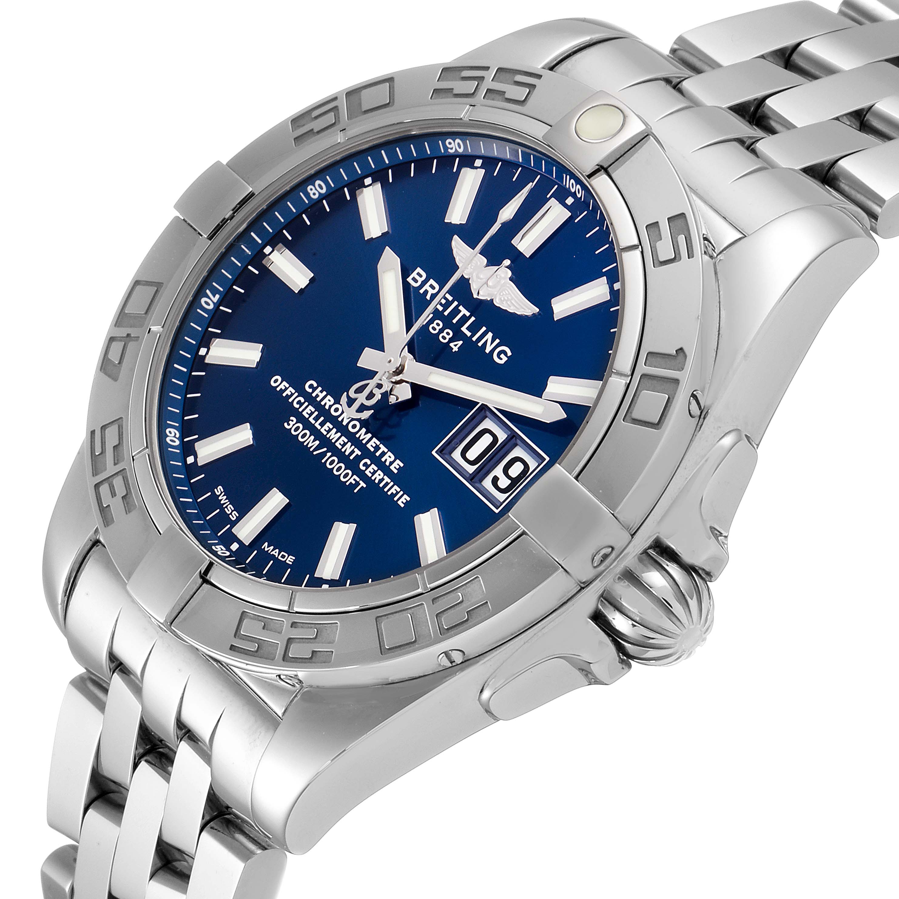 The image shows a Breitling Windrider A49350 Men's Stainless Steel Blue Dial A49350 Men's Stainless Steel Blue Dial model watch from an angled view, highlighting the dial, bezel, and bracelet.