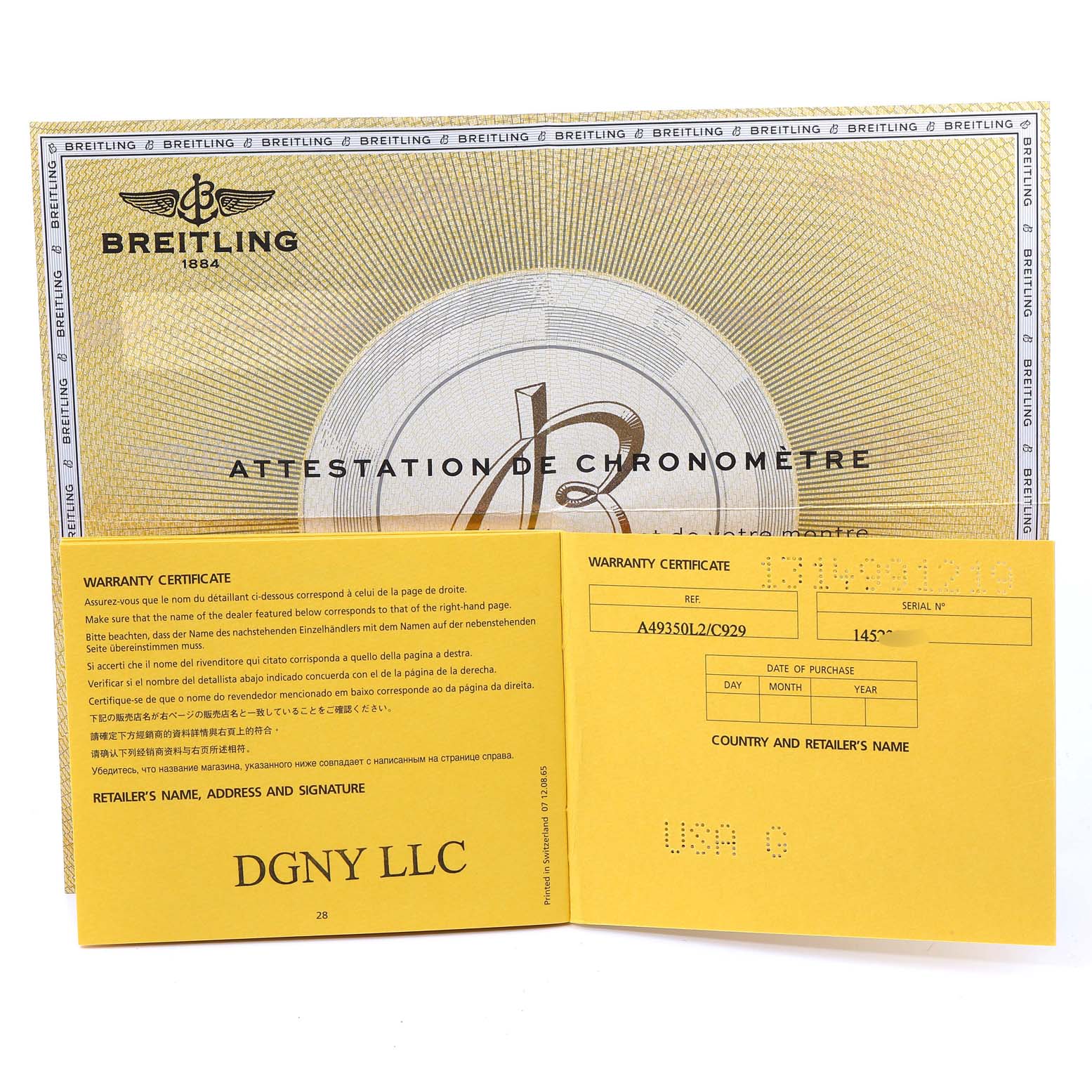 The image shows warranty cards and certification for the Breitling Windrider A49350 Men's Stainless Steel Blue Dial A49350 Men's Stainless Steel Blue Dial model.