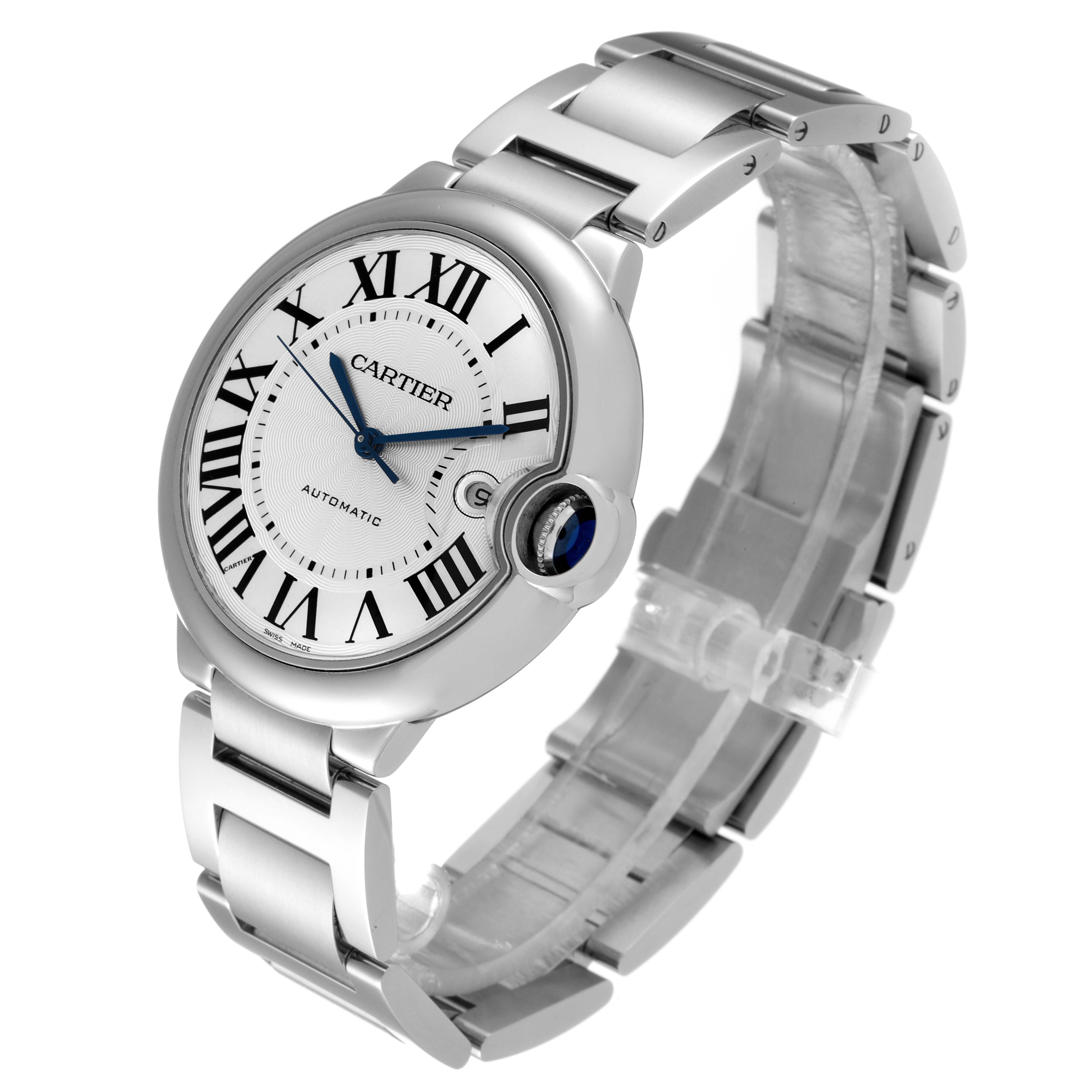 The image shows a Cartier Ballon Bleu W69012Z4 Men's Stainless Steel Silver Dial W69012Z4 Men's Stainless Steel Silver Dial watch at a three-quarter angle, highlighting the dial, bracelet, and crown.