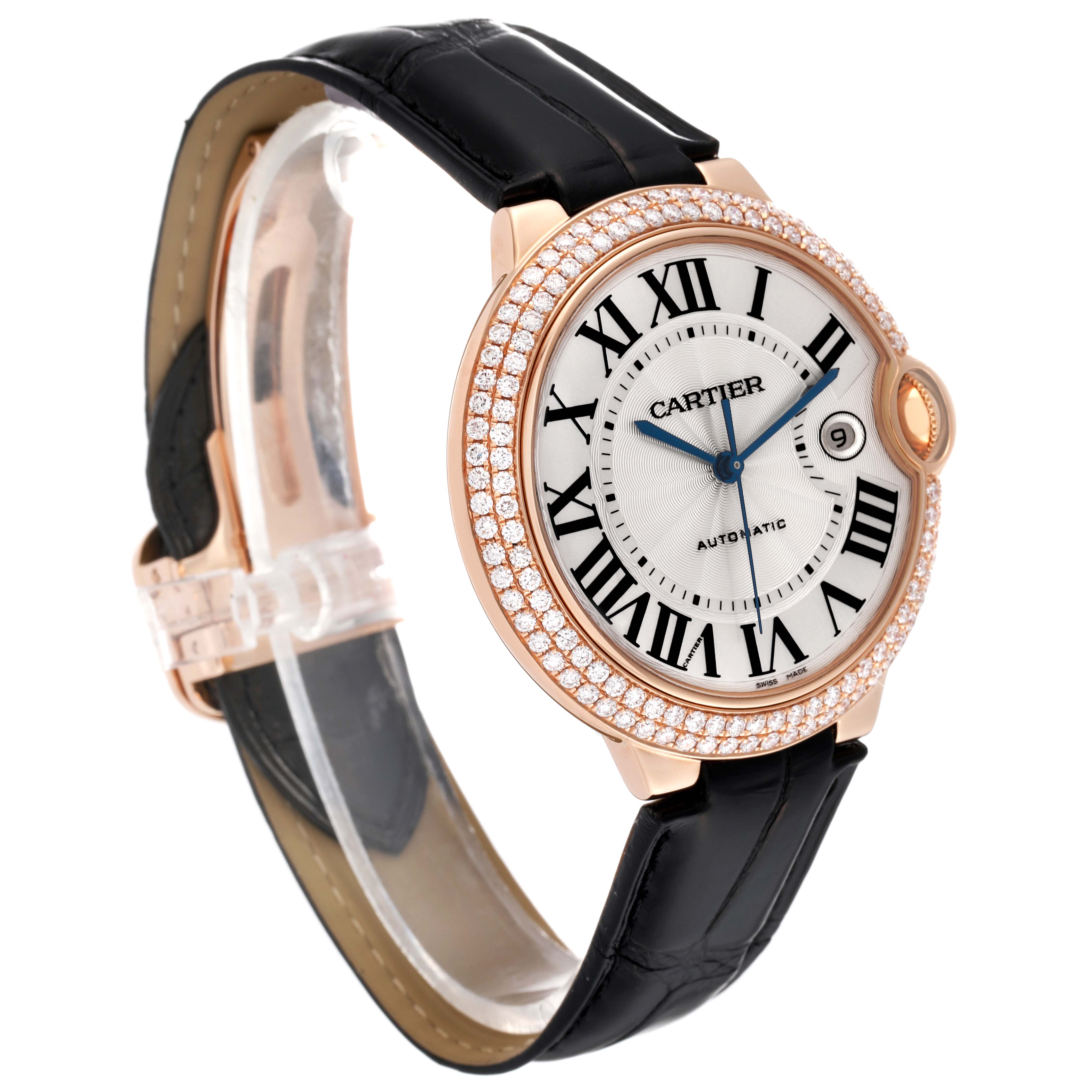 The Cartier Ballon Bleu WE900851 Men's Rose Gold Silver Dial WE900851 Men's Rose Gold Silver Dial watch is shown at a three-quarter angle, highlighting its diamond bezel, Roman numeral dial, and black leather strap.