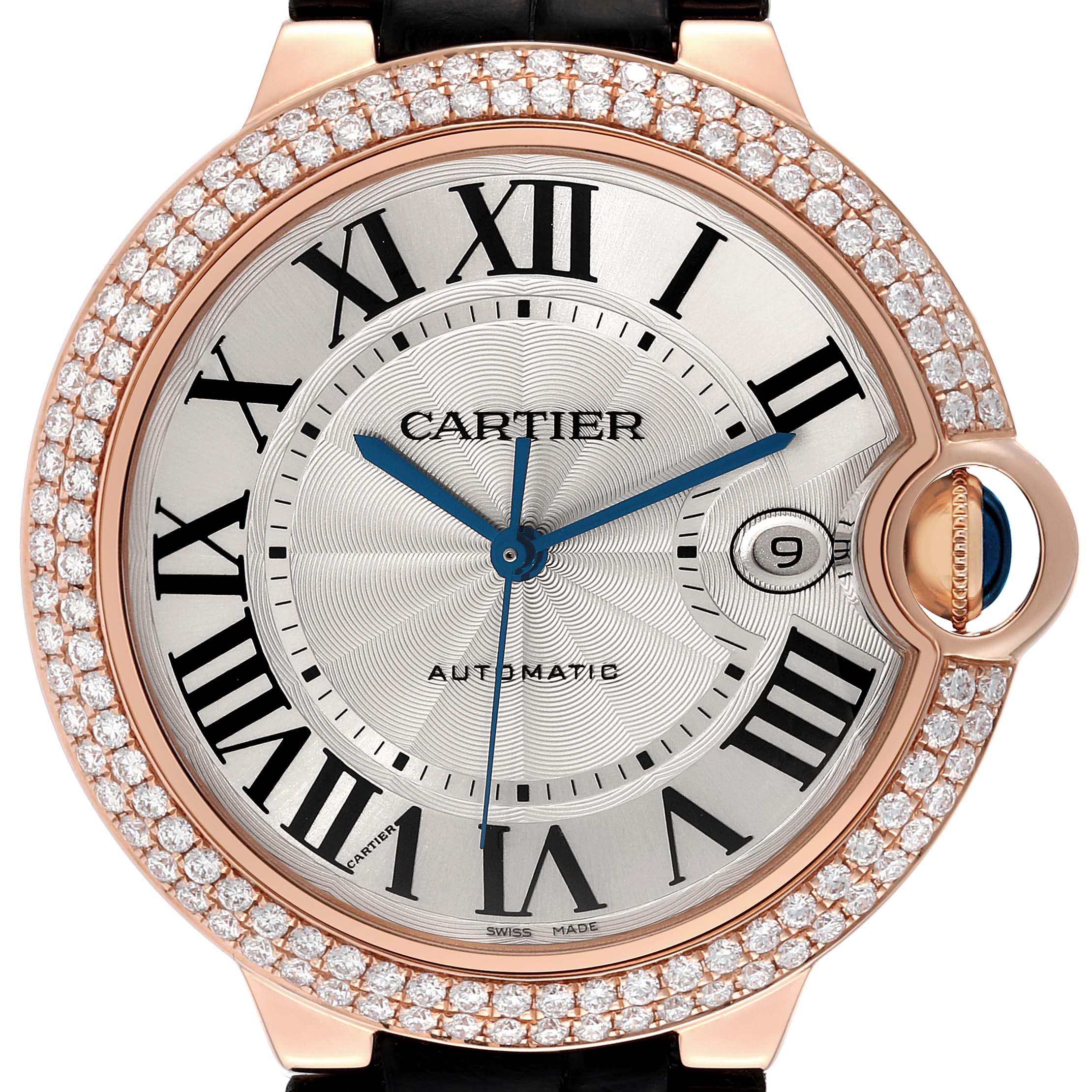 The image shows a front view of a Cartier Ballon Bleu WE900851 Men's Rose Gold Silver Dial WE900851 Men's Rose Gold Silver Dial watch with a diamond bezel and Roman numerals on the face.
