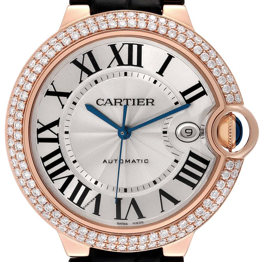 Cartier Ballon Bleu 42mm Rose Gold Diamond Mens Watch WE900851 Box Card SwissWatchExpo