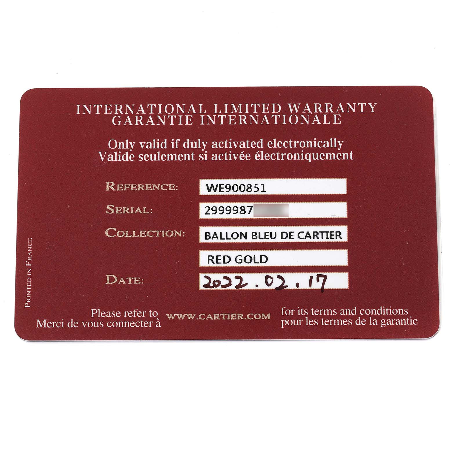This image shows the international limited warranty card for a Ballon Bleu de Cartier watch.