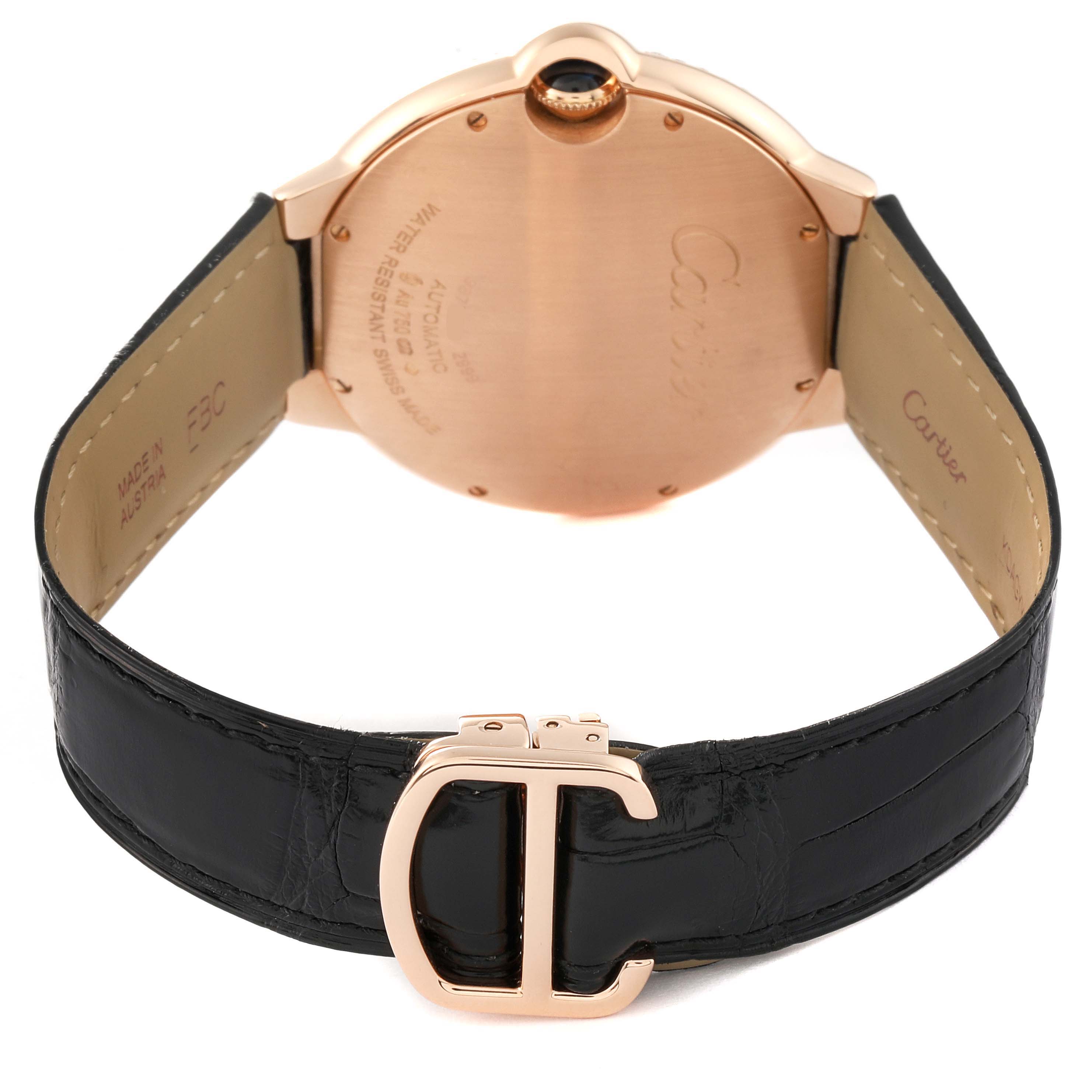 The image shows the back and strap of a Cartier Ballon Bleu WE900851 Men's Rose Gold Silver Dial WE900851 Men's Rose Gold Silver Dial watch, highlighting the leather band and rose gold clasp.