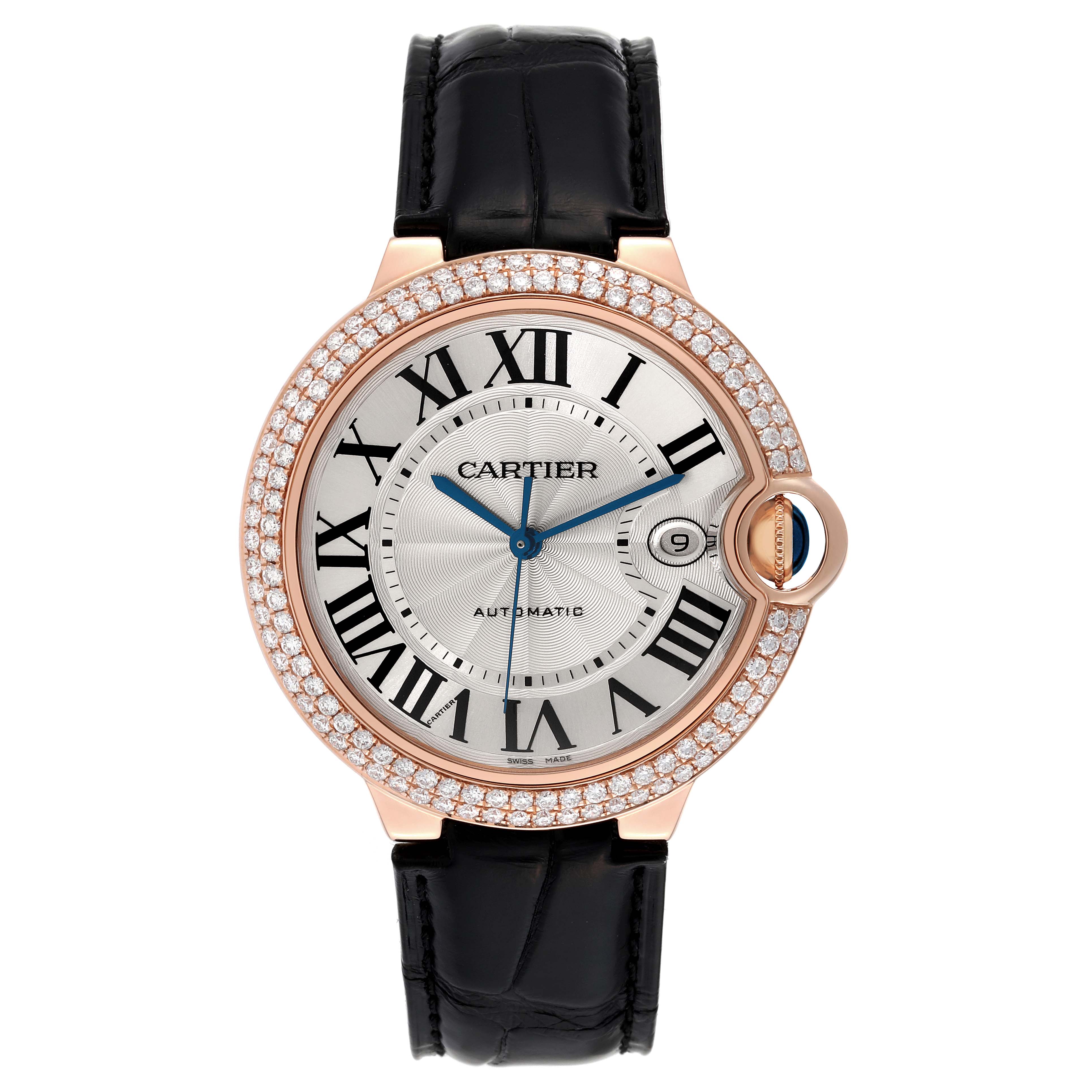 The Cartier Ballon Bleu WE900851 Men's Rose Gold Silver Dial WE900851 Men's Rose Gold Silver Dial watch is shown from a front angle, displaying its face, bezel, and strap.