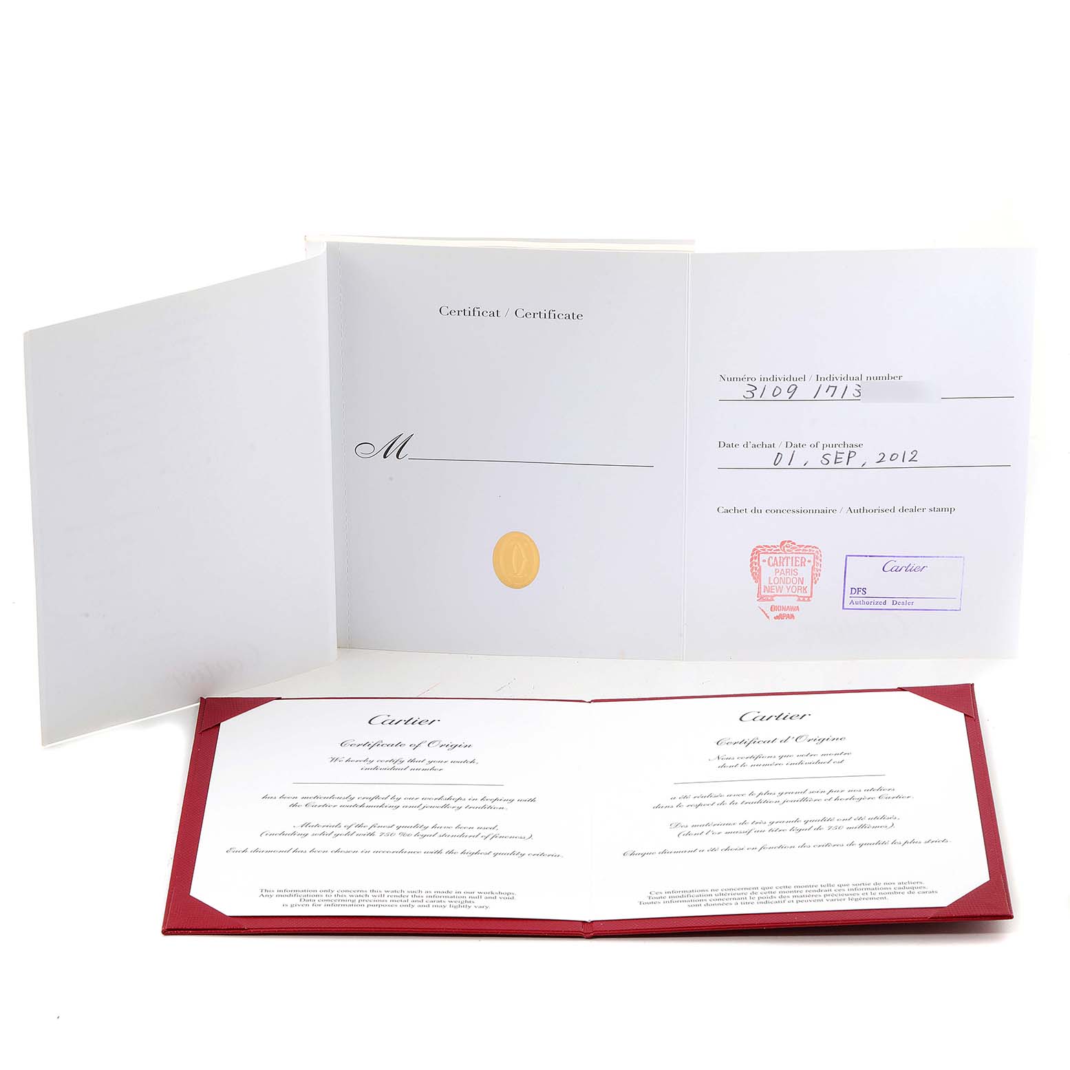 The image shows the open warranty and certificate documents for the Ballon Bleu model by Cartier.
