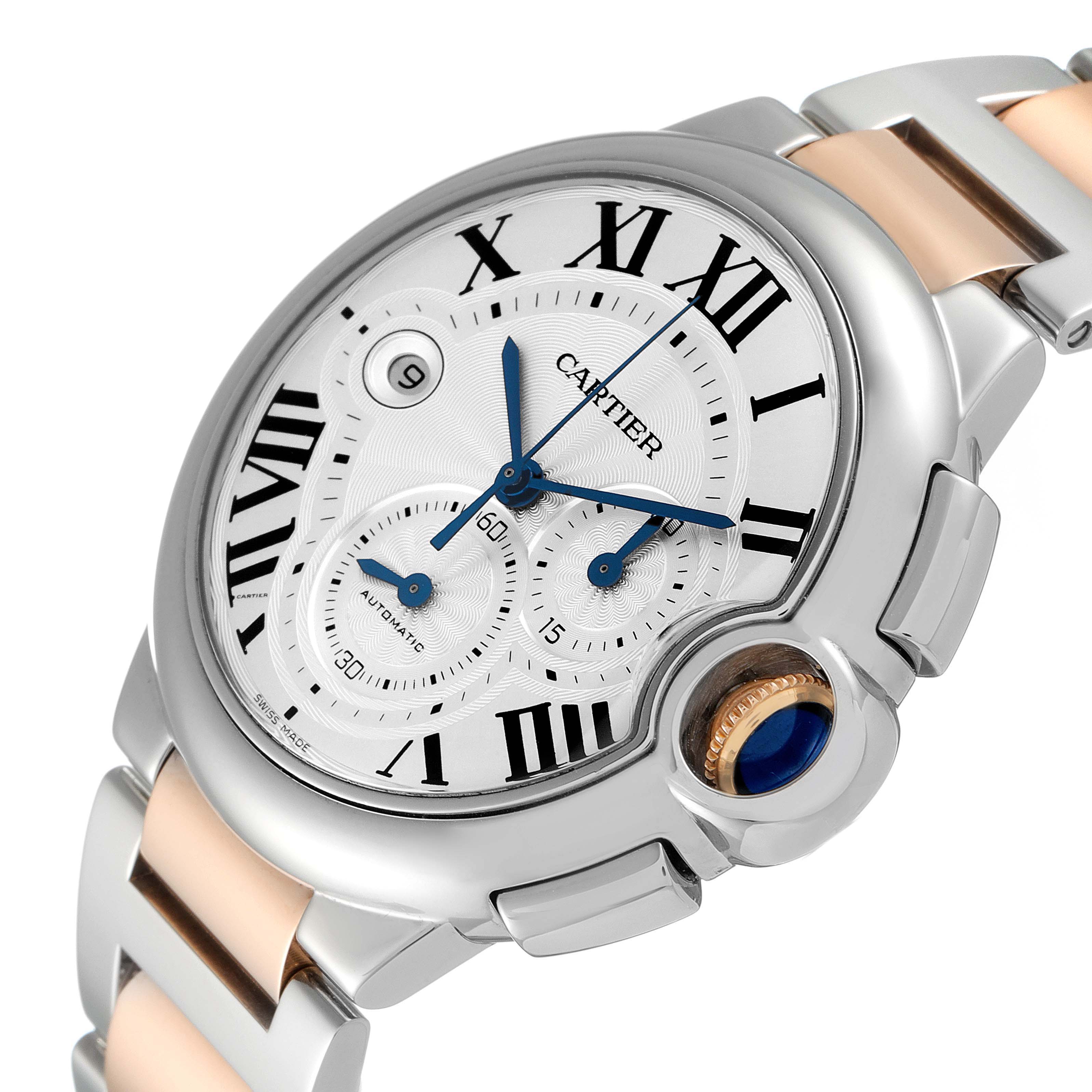 The image shows a close-up of a Cartier Ballon Bleu W6920063 Men's Steel and Gold (two tone) Silver Dial W6920063 Men's Steel and Gold (two tone) Silver Dial watch, highlighting the dial, crown, and part of the bracelet.