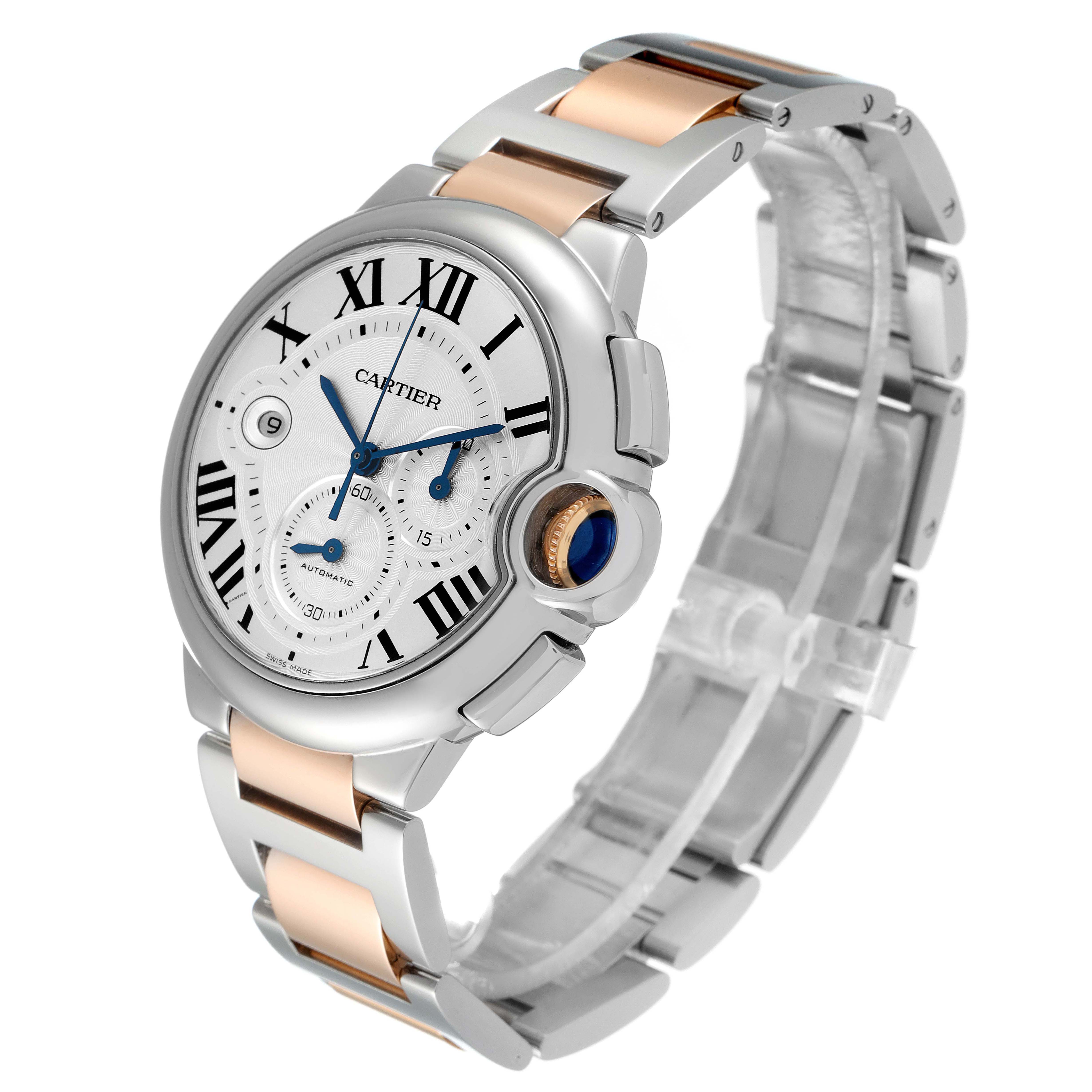 The image shows a Cartier Ballon Bleu W6920063 Men's Steel and Gold (two tone) Silver Dial W6920063 Men's Steel and Gold (two tone) Silver Dial watch at a slight angle, displaying the face, crown, and two-tone metal bracelet.