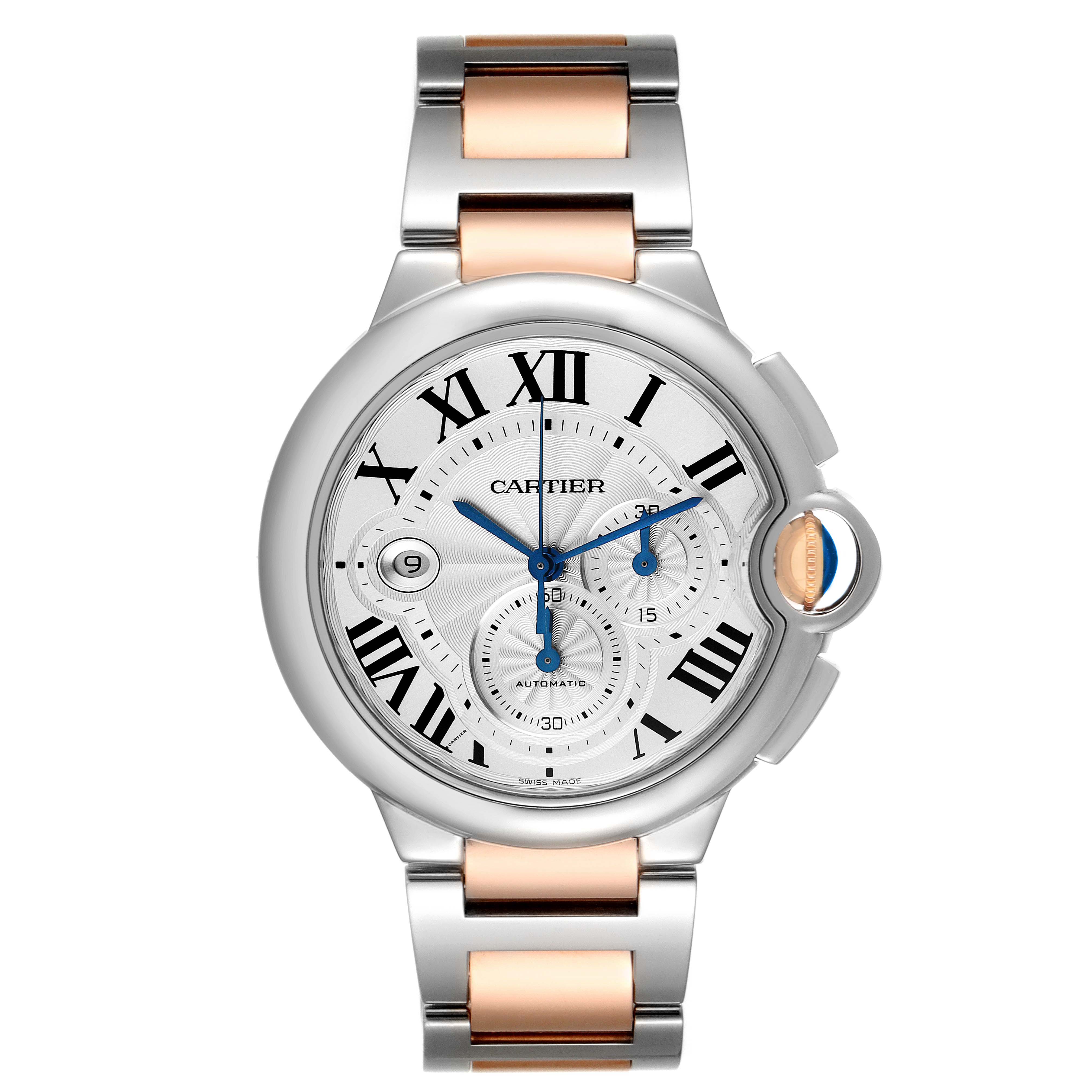 The image shows a front view of the Cartier Ballon Bleu W6920063 Men's Steel and Gold (two tone) Silver Dial W6920063 Men's Steel and Gold (two tone) Silver Dial watch, highlighting its face, bracelet, and crown.