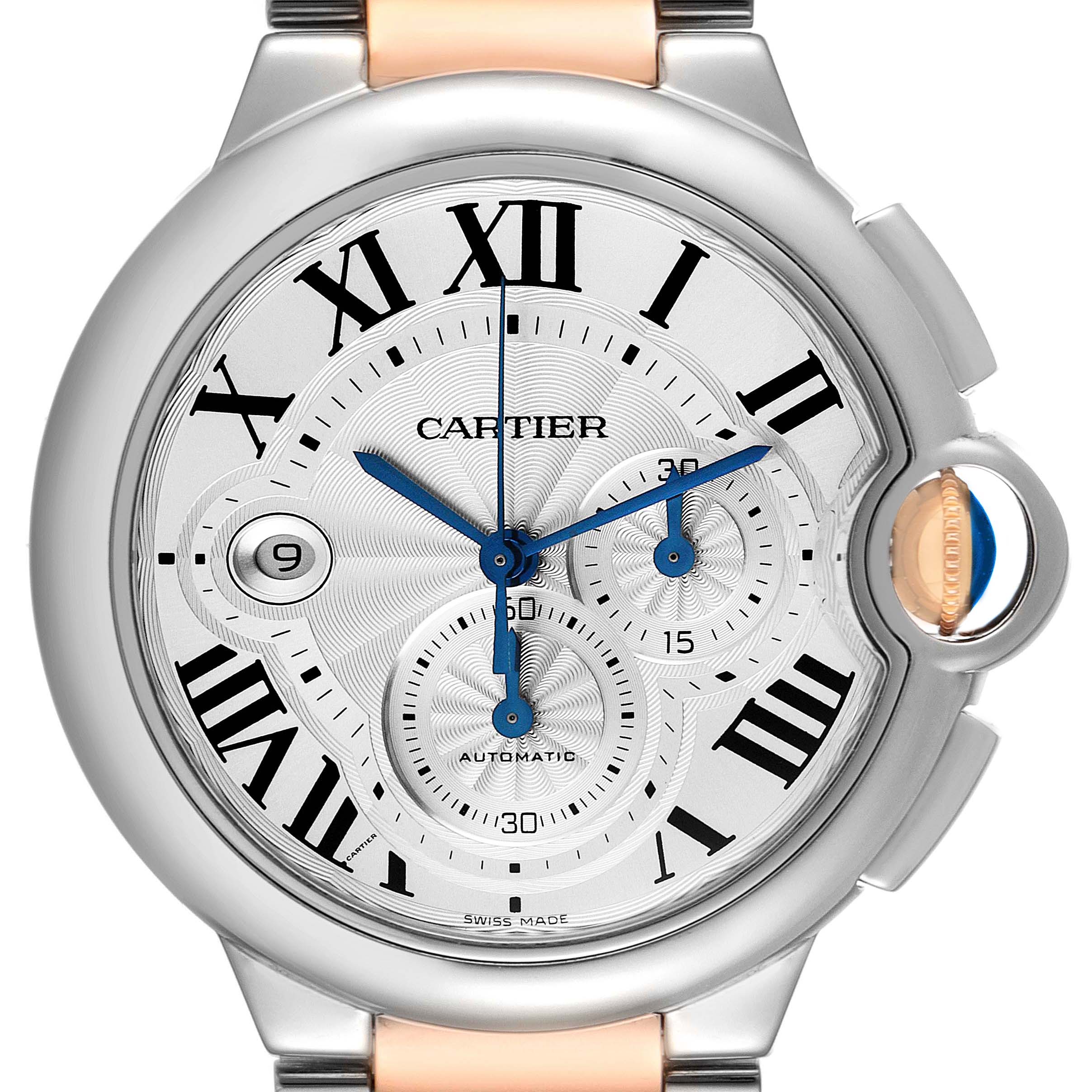 A close-up, front view of the Cartier Ballon Bleu W6920063 Men's Steel and Gold (two tone) Silver Dial W6920063 Men's Steel and Gold (two tone) Silver Dial watch showcasing its dial, hands, and part of the bracelet.