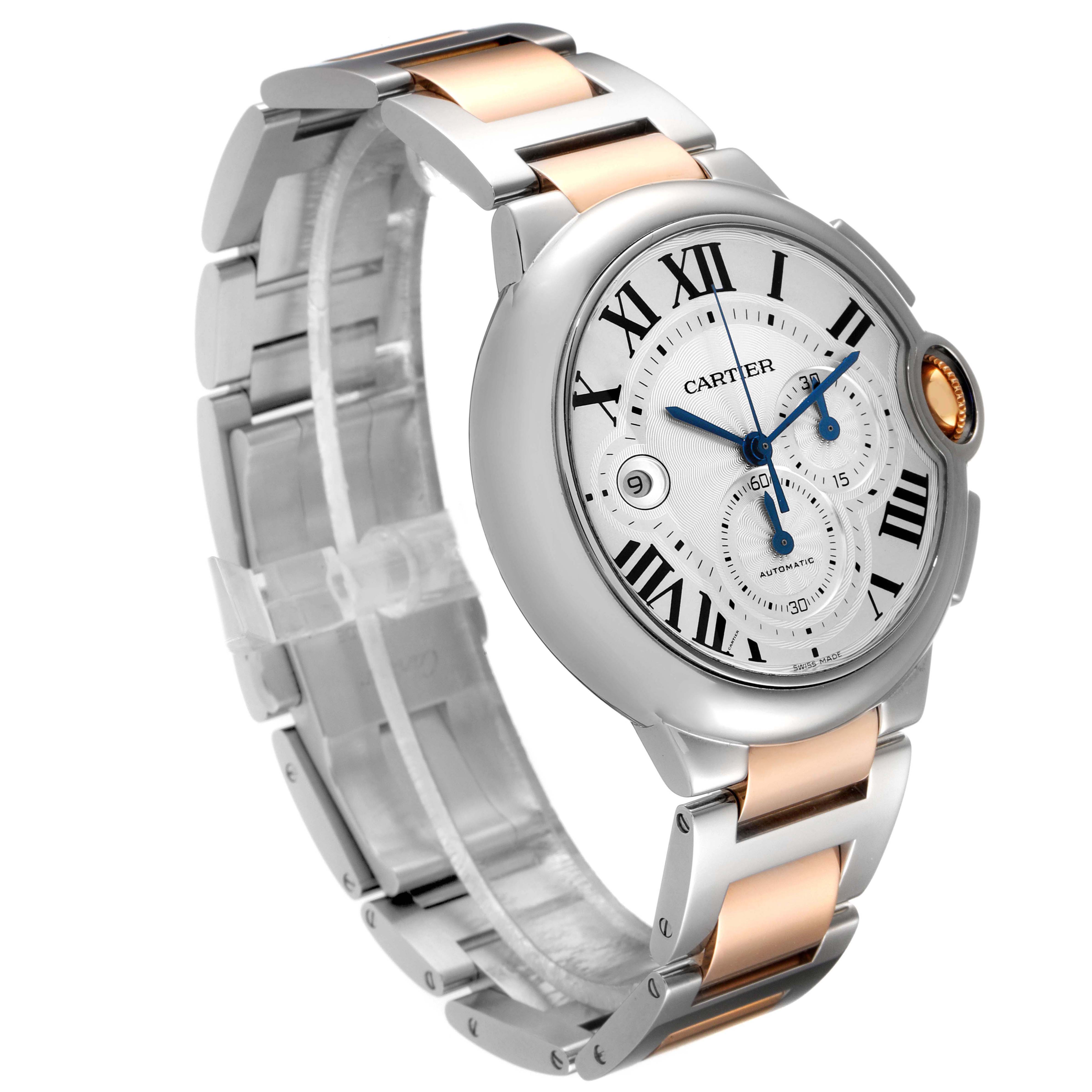 The image shows a Cartier Ballon Bleu W6920063 Men's Steel and Gold (two tone) Silver Dial W6920063 Men's Steel and Gold (two tone) Silver Dial watch at a three-quarter angle, highlighting its face, crown, and metal bracelet with a mix of silver and rose gold.