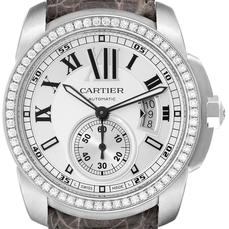 Cartier Calibre Silver Dial White Gold Diamond Mens Watch WF100003 SwissWatchExpo