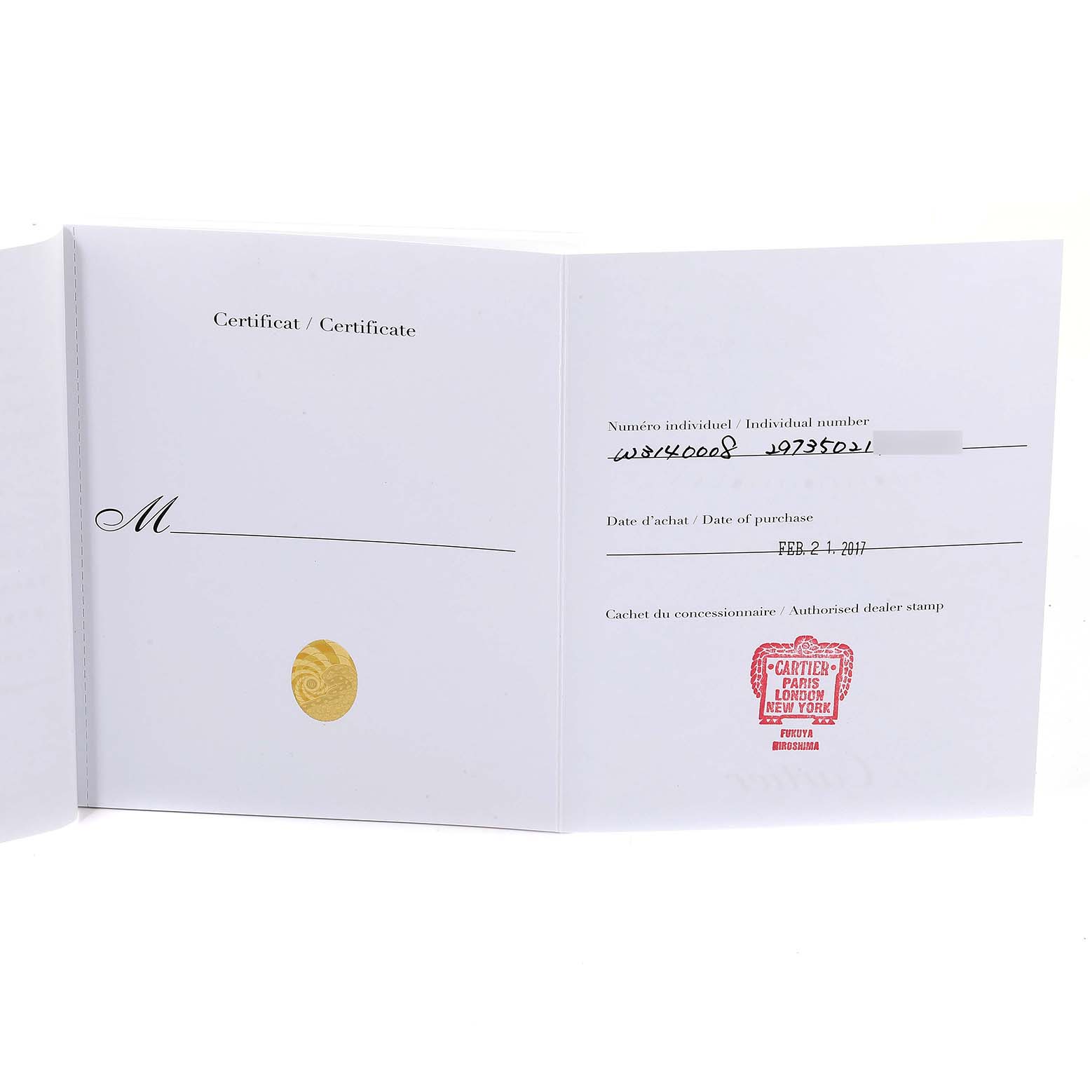 The image shows the certificate booklet for the Pasha model by Cartier, detailing purchase and authorized dealer information.