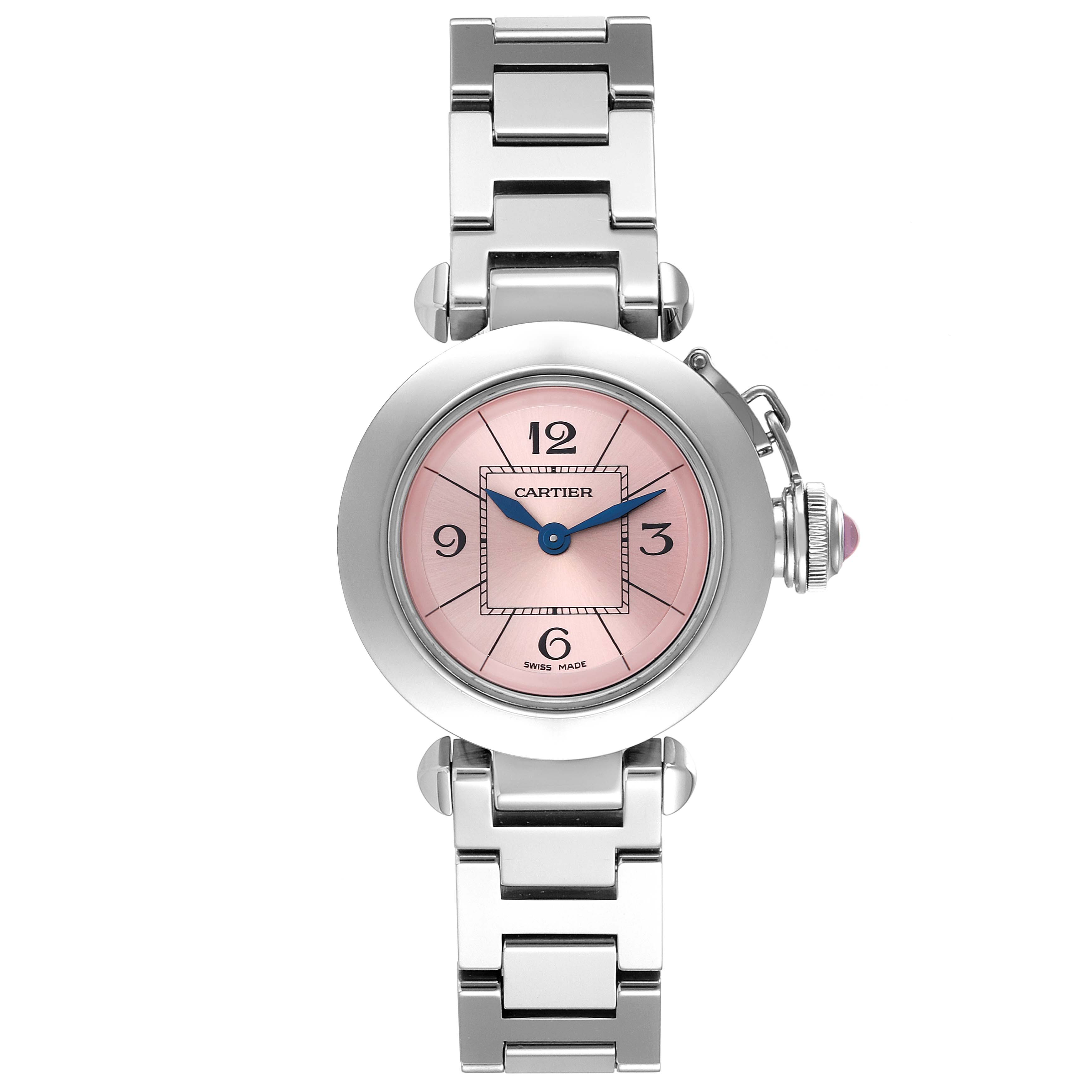 The image shows a Cartier Pasha W3140008 Women's Stainless Steel Pink Dial W3140008 Women's Stainless Steel Pink Dial watch from a front angle, featuring a pink dial and stainless steel bracelet.