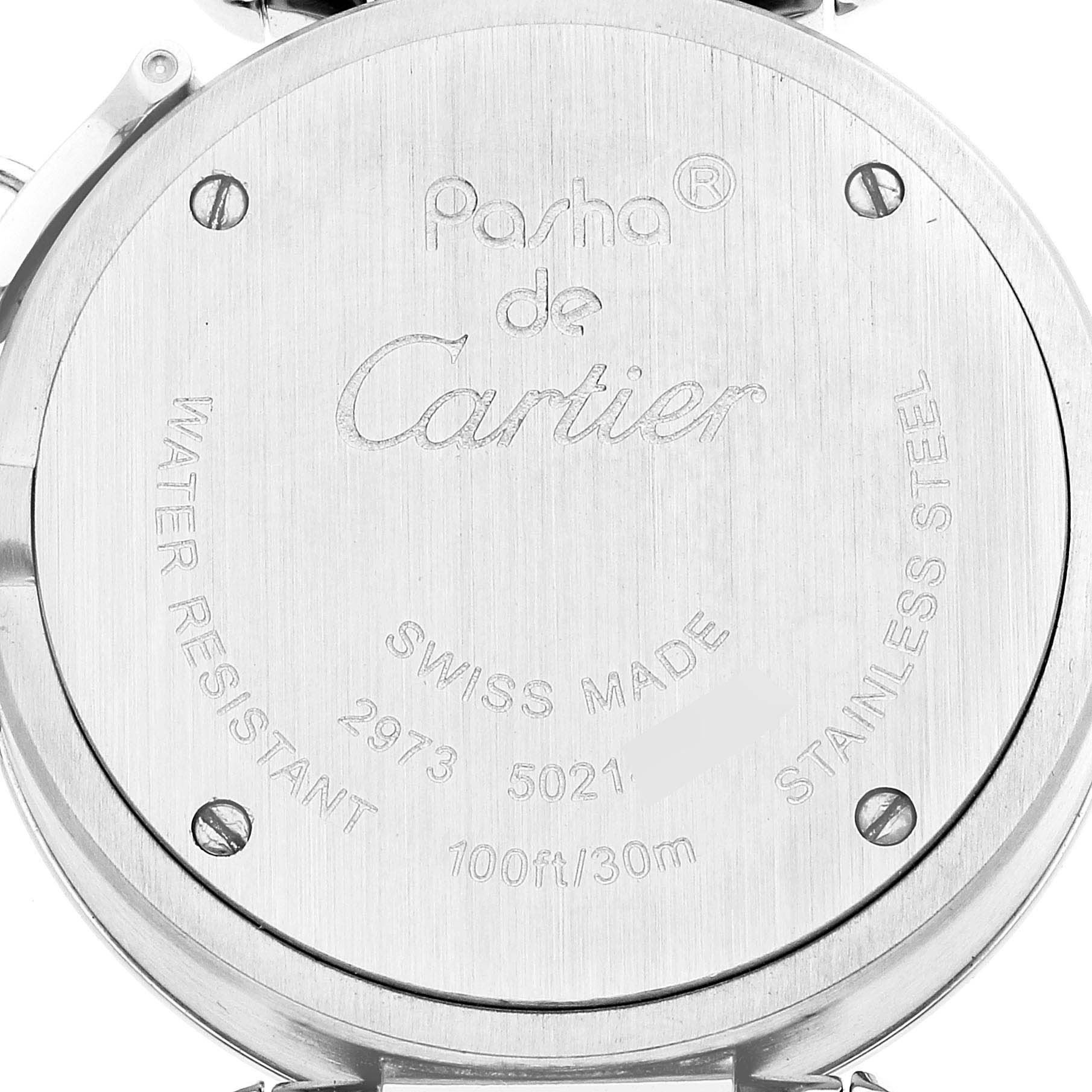 This image shows the back case of a Cartier Pasha W3140008 Women's Stainless Steel Pink Dial W3140008 Women's Stainless Steel Pink Dial watch, highlighting the brand markings and specifications.