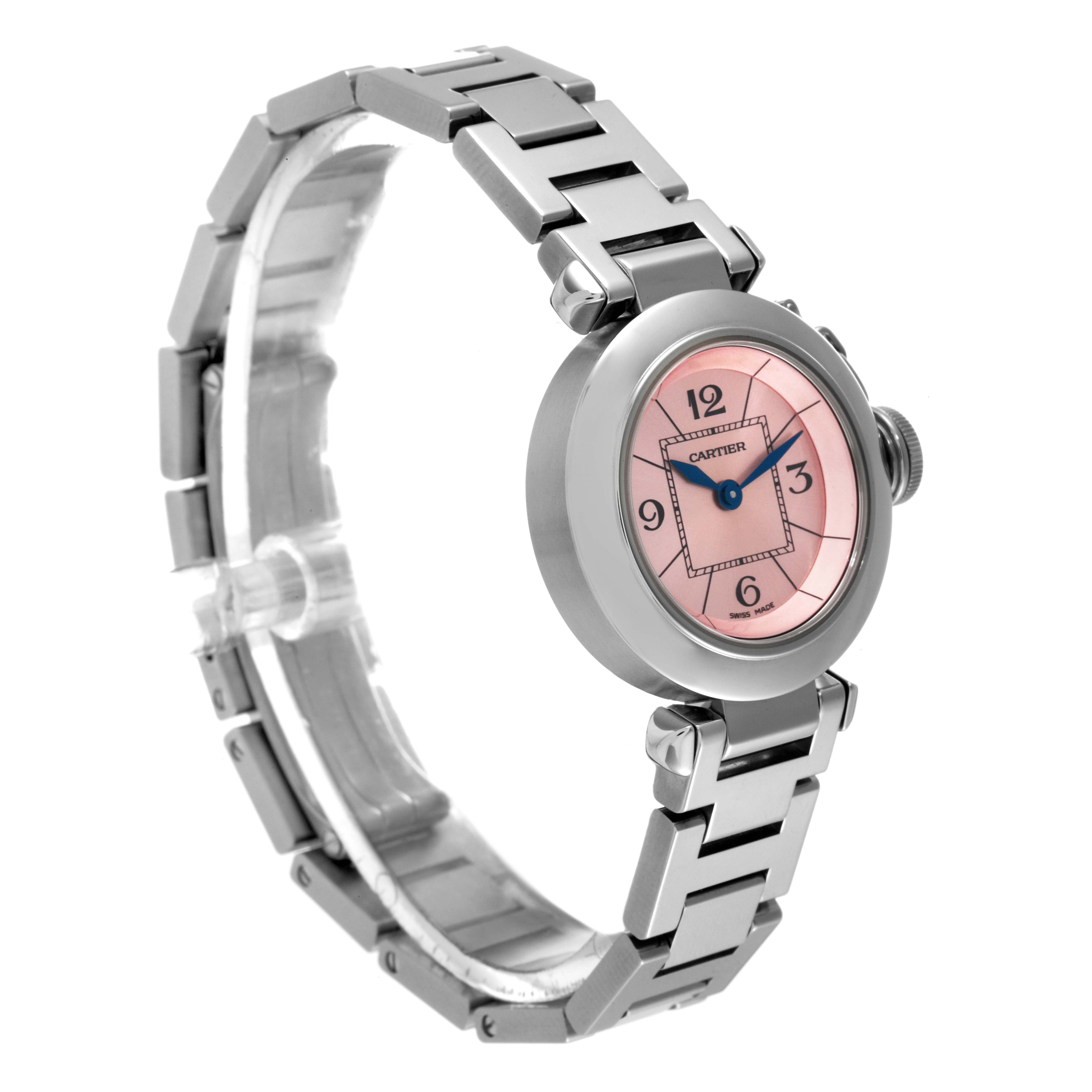 This image shows a Cartier Pasha W3140008 Women's Stainless Steel Pink Dial W3140008 Women's Stainless Steel Pink Dial watch at a three-quarter angle, highlighting the bracelet, case, and pink dial.