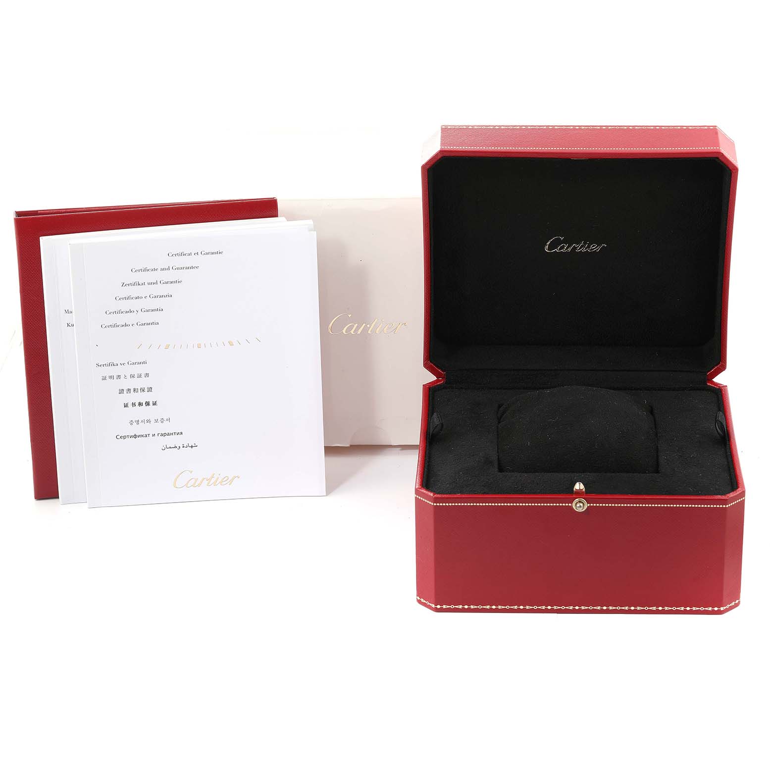 The image shows the packaging and papers for Cartier's Pasha model, including the open watch box and certificates.