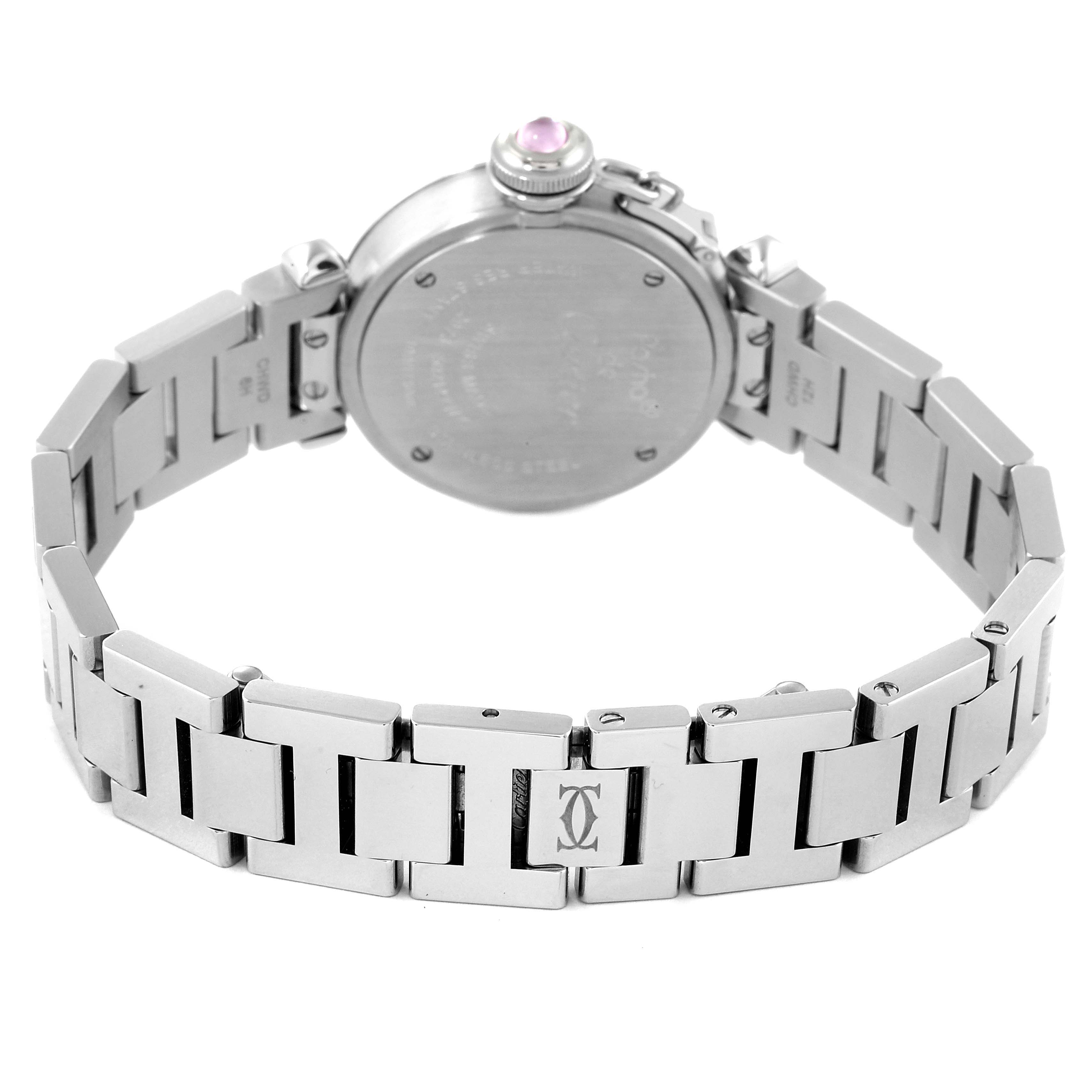 This image shows the rear view of the Cartier Pasha W3140008 Women's Stainless Steel Pink Dial W3140008 Women's Stainless Steel Pink Dial watch, highlighting the case back, bracelet, and the clasp logo.