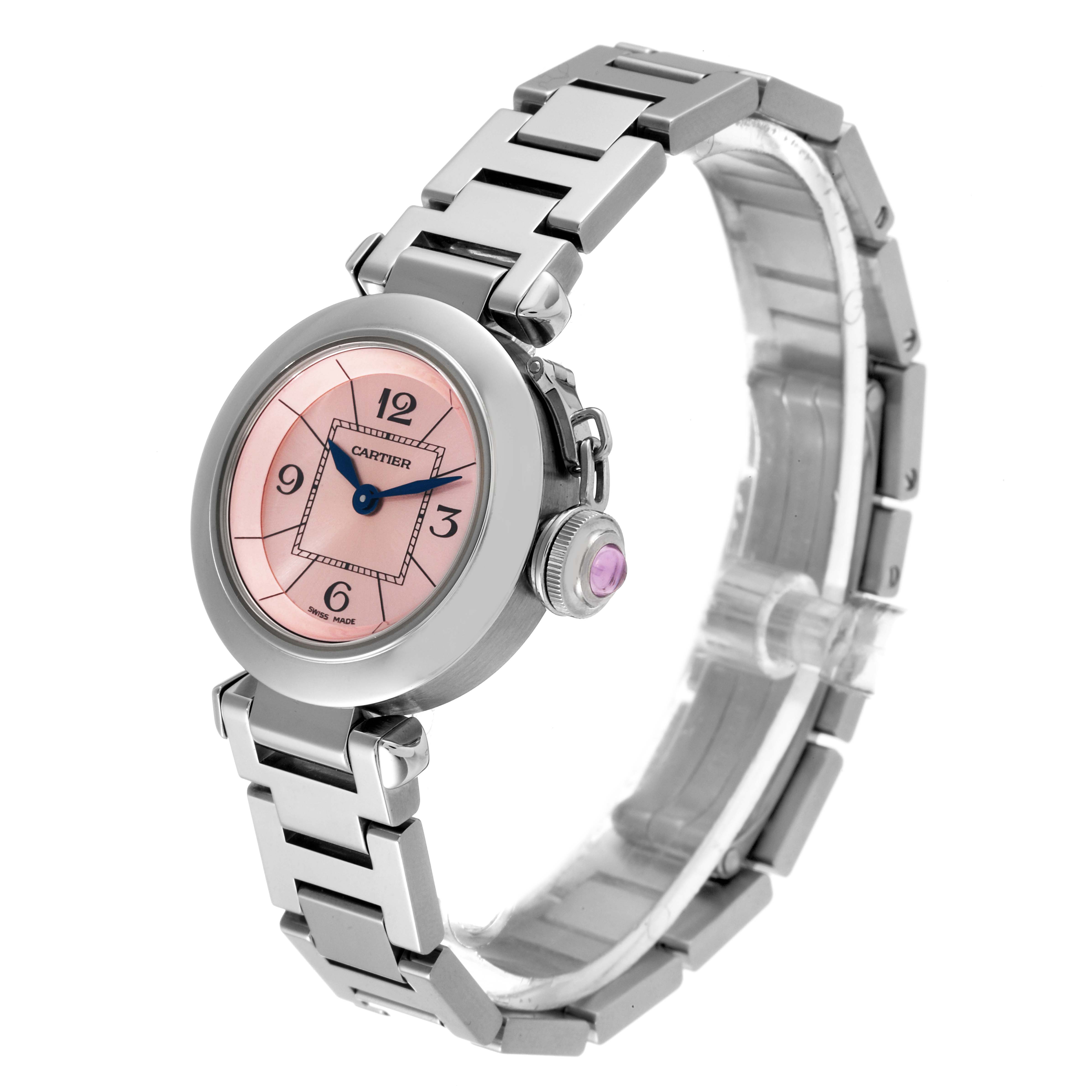 The image shows a Cartier Pasha W3140008 Women's Stainless Steel Pink Dial W3140008 Women's Stainless Steel Pink Dial watch angled from the front-left, highlighting the pink dial, stainless steel band, and crown.