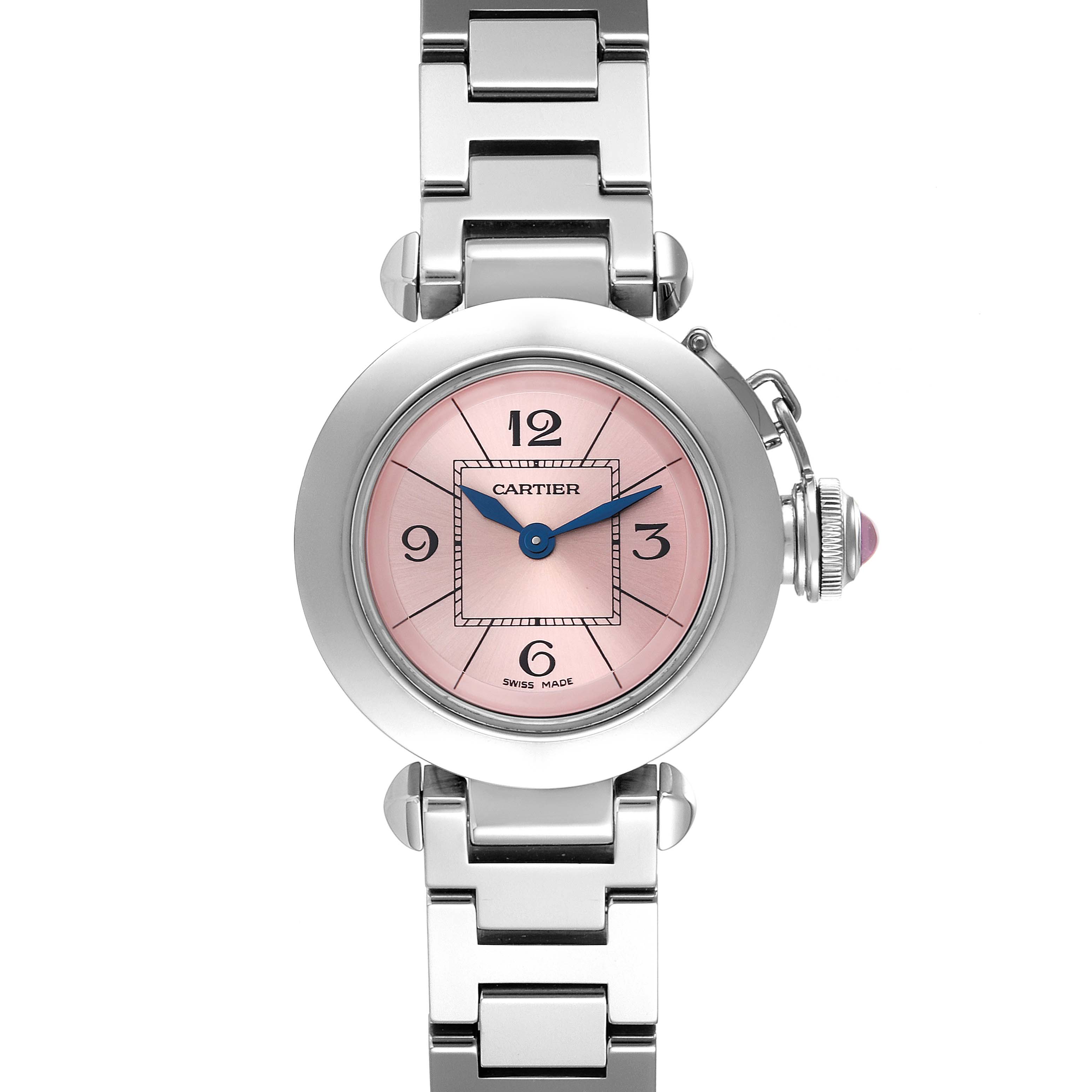 The Cartier Pasha W3140008 Women's Stainless Steel Pink Dial W3140008 Women's Stainless Steel Pink Dial model watch is shown from a top-down angle, highlighting its pink dial, blue hands, and silver bracelet.
