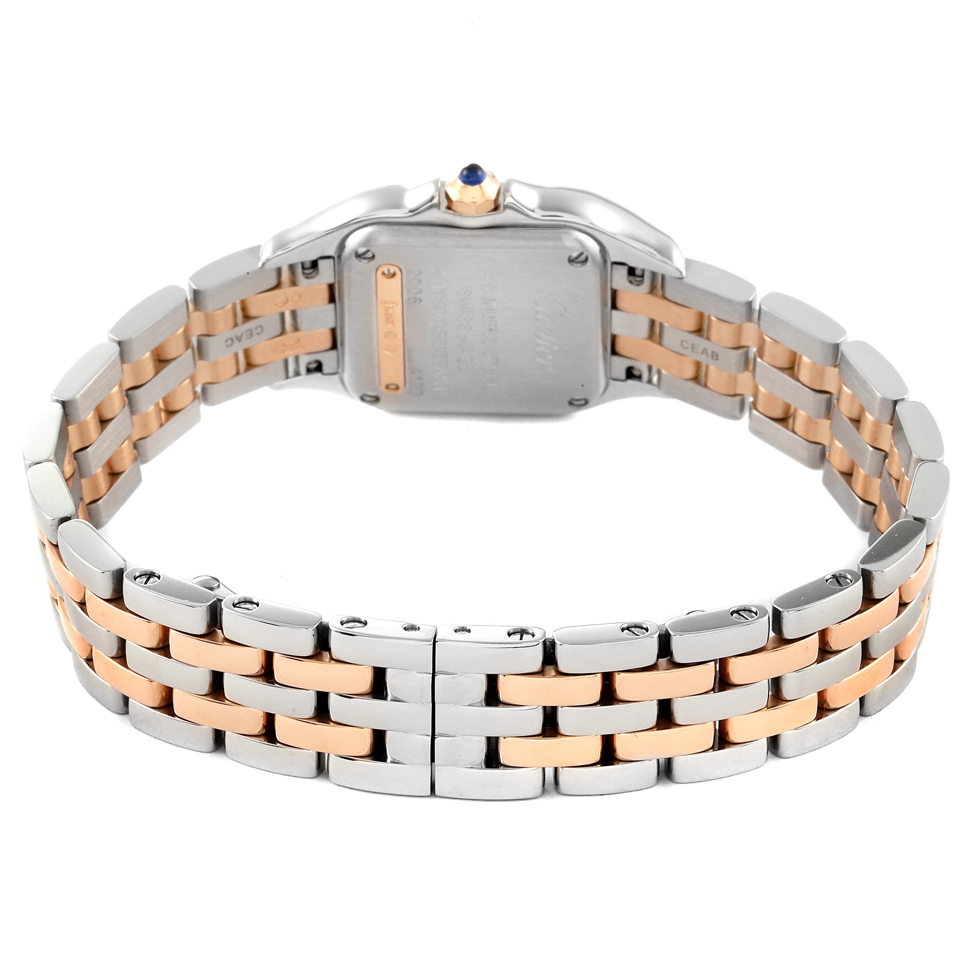 The image shows the back view of a two-tone bracelet and case of a Cartier Panthere W3PN0006 Women's Steel and Gold (two tone) Silver Dial W3PN0006 Women's Steel and Gold (two tone) Silver Dial model watch.