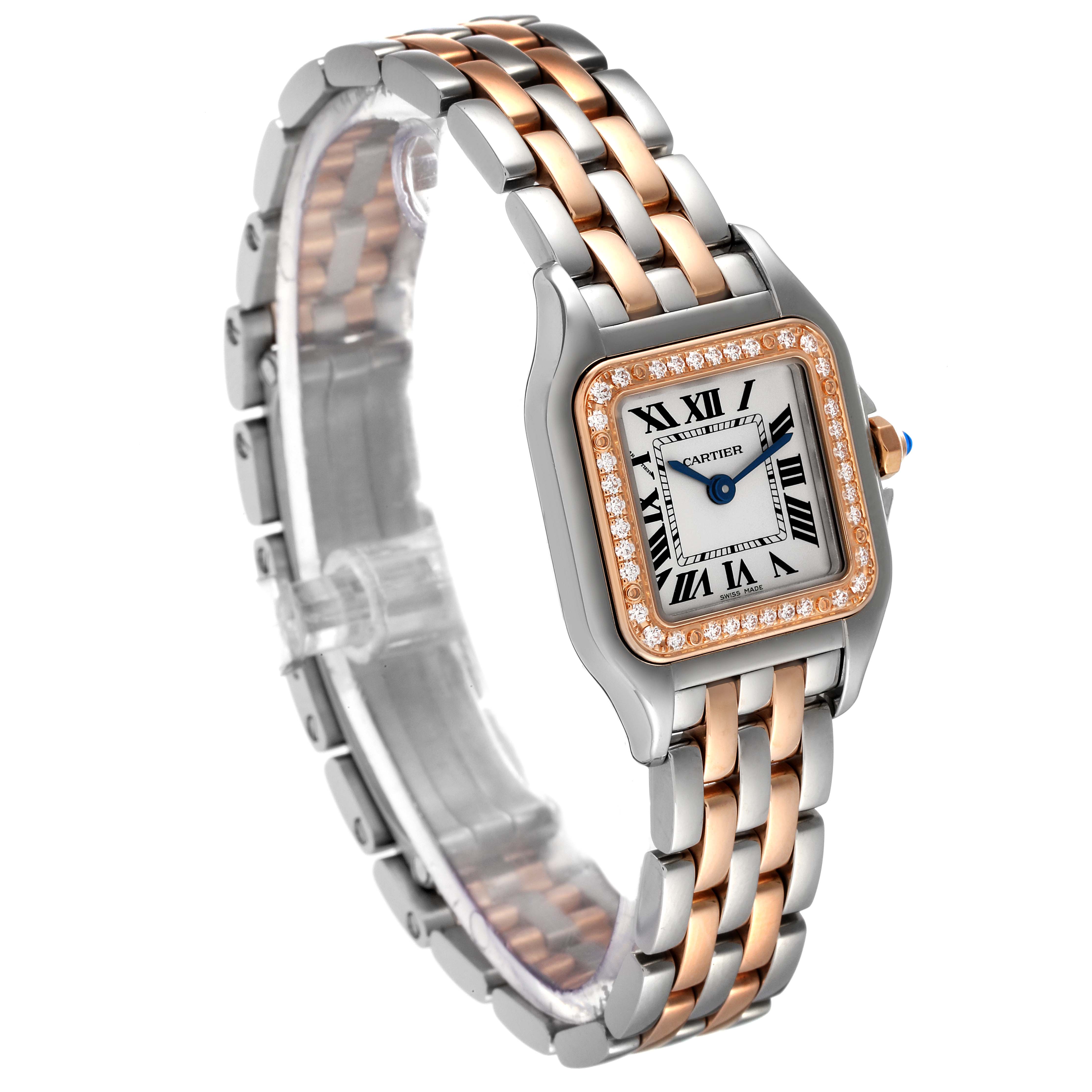 The Cartier Panthere W3PN0006 Women's Steel and Gold (two tone) Silver Dial W3PN0006 Women's Steel and Gold (two tone) Silver Dial watch is shown at an angle displaying the face, bezel, crown, and two-tone metal bracelet.