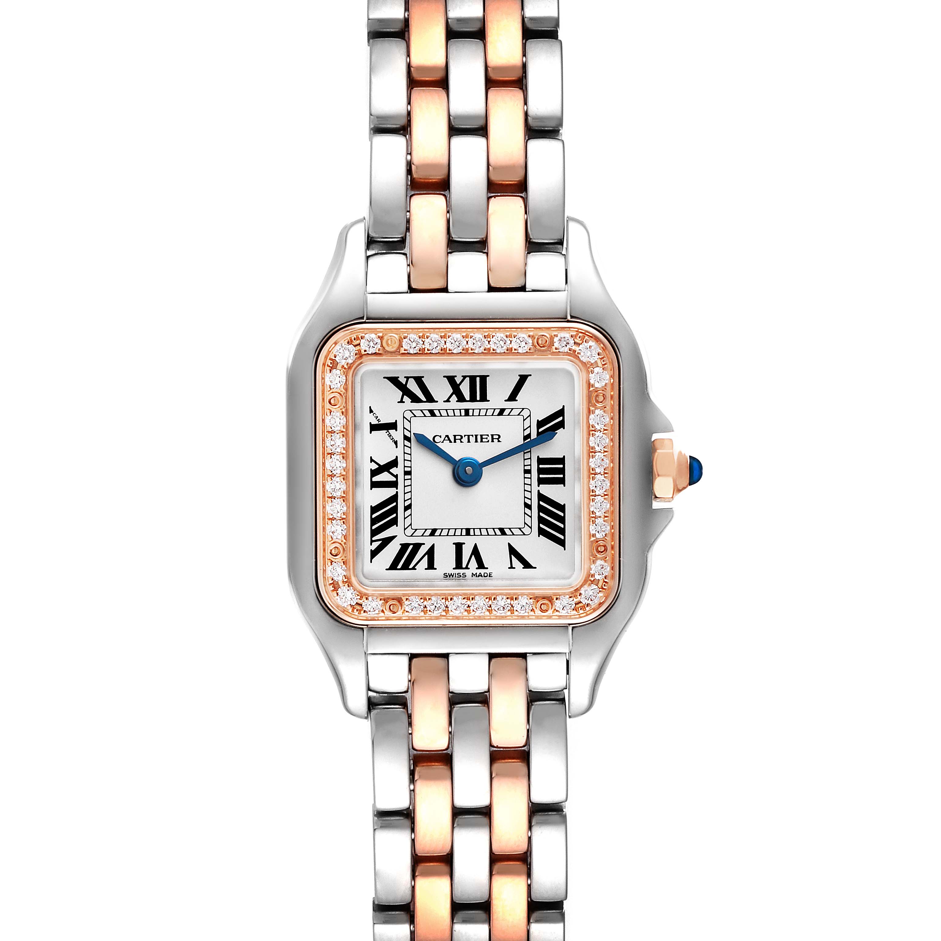 This image shows a front view of the Cartier Panthere W3PN0006 Women's Steel and Gold (two tone) Silver Dial W3PN0006 Women's Steel and Gold (two tone) Silver Dial model watch, highlighting its square face, roman numerals, and two-tone metal bracelet.