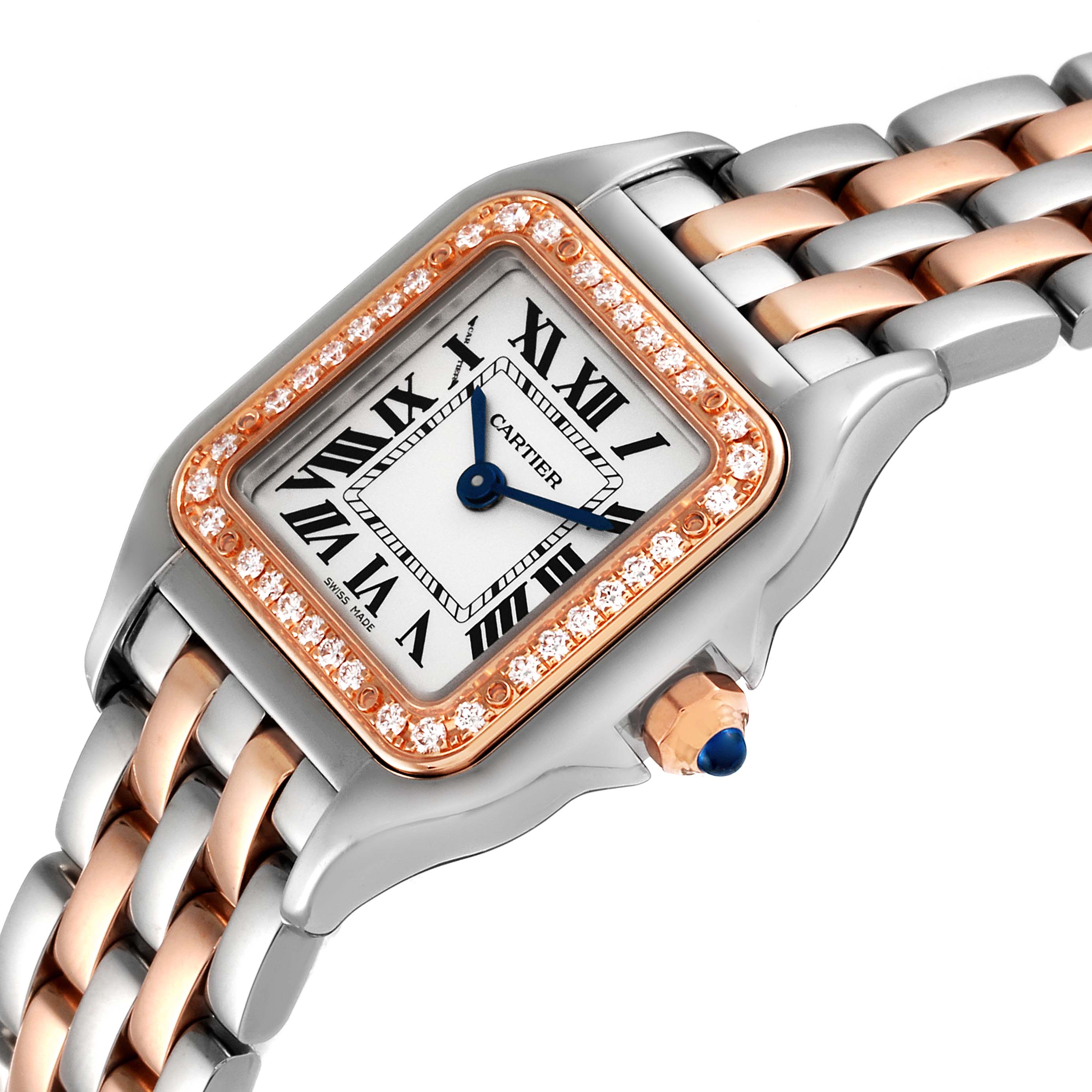 This image shows a close-up of the Cartier Panthère watch focusing on the dial, bezel, and part of the bracelet.