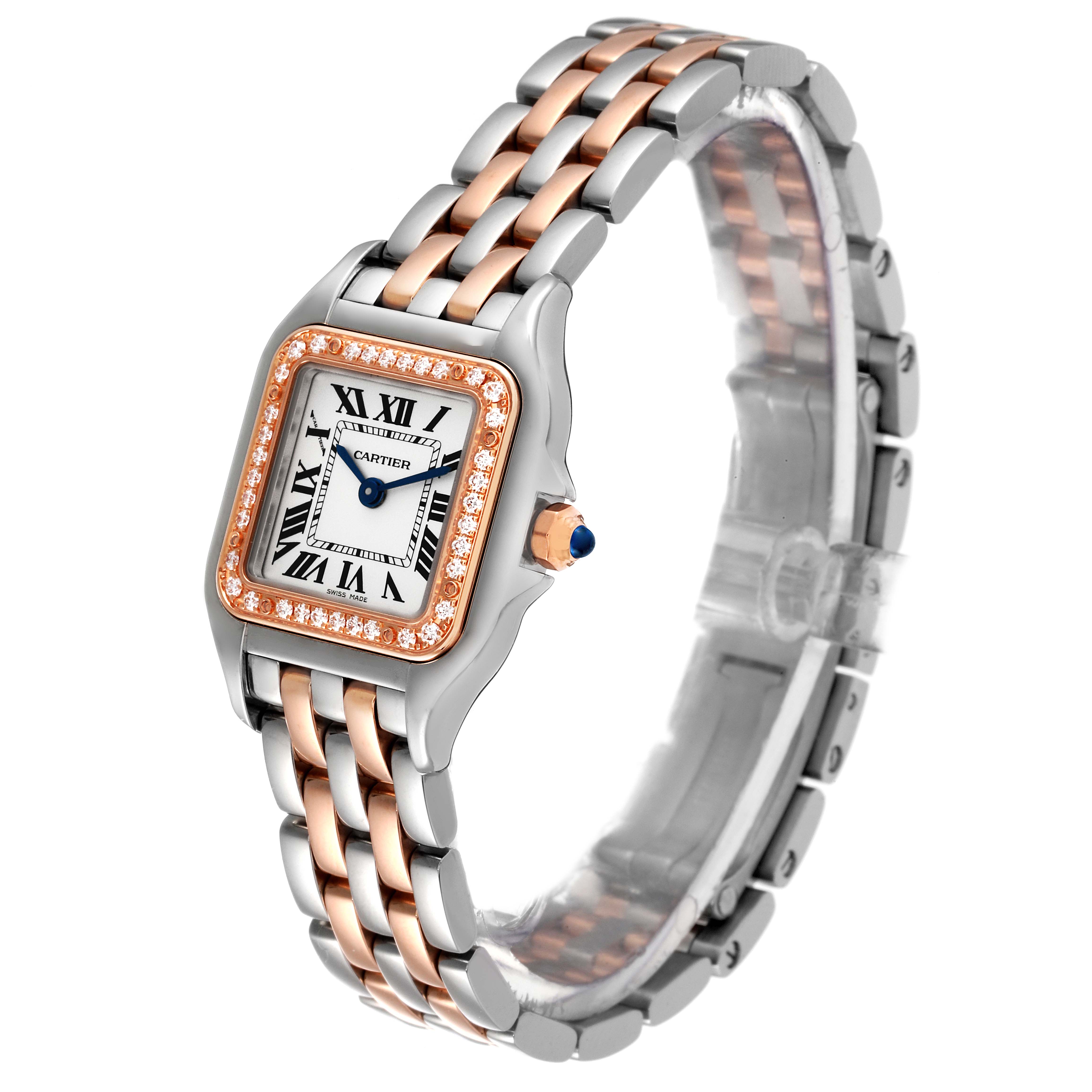 This image shows a Cartier Panthere W3PN0006 Women's Steel and Gold (two tone) Silver Dial W3PN0006 Women's Steel and Gold (two tone) Silver Dial watch at a three-quarter front angle revealing the face, bezel, and bracelet.