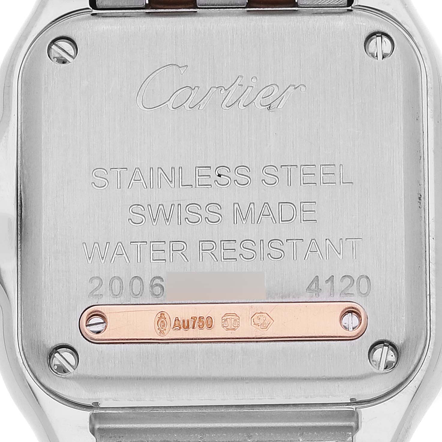 The image shows the back case of a Panthere watch by Cartier, highlighting its markings and material details.