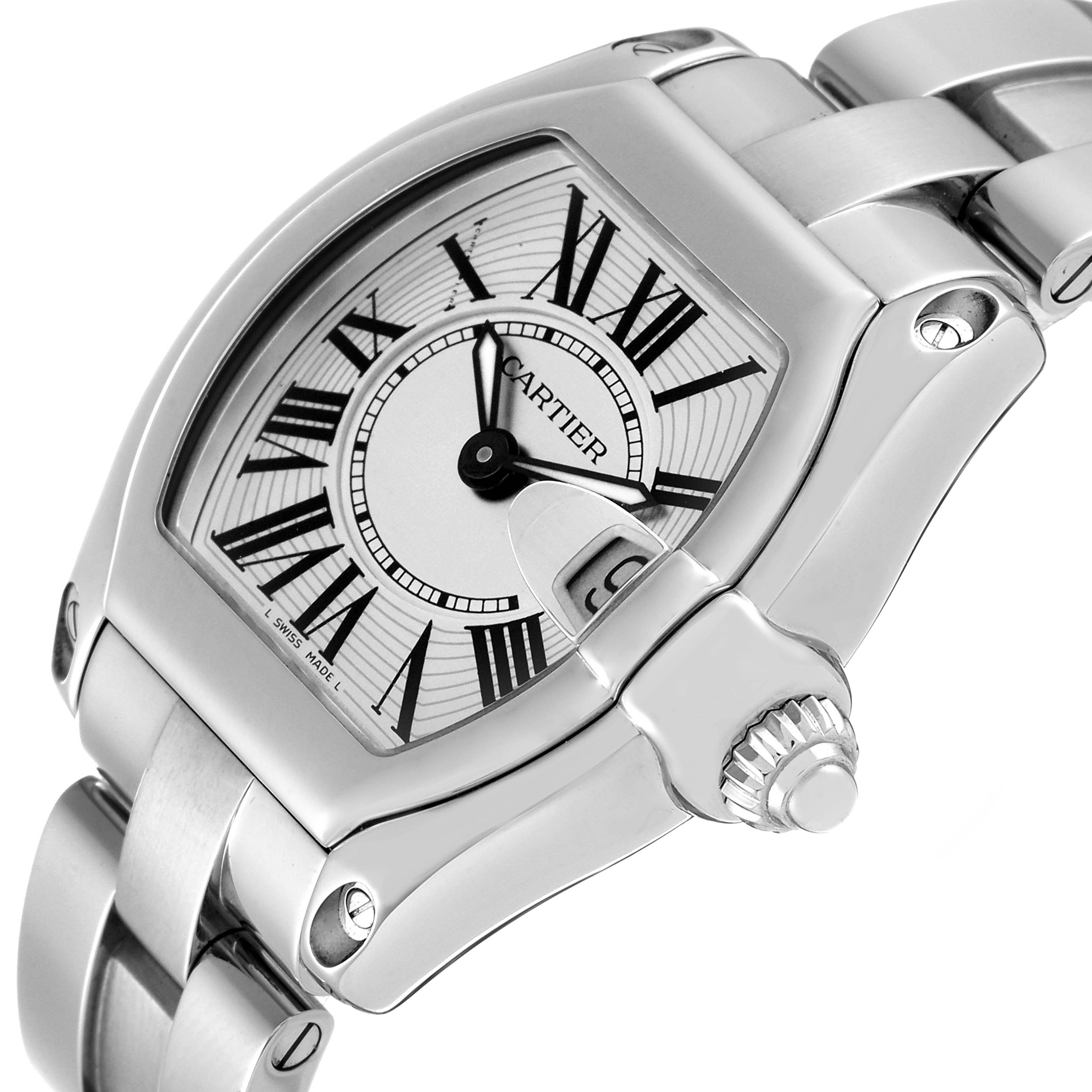 This Cartier Roadster W62016V3 Women's Steel and Gold (two tone) Silver Dial W62016V3 Women's Steel and Gold (two tone) Silver Dial watch is shown from a front angle, highlighting its face, bezel, crown, and part of its bracelet.