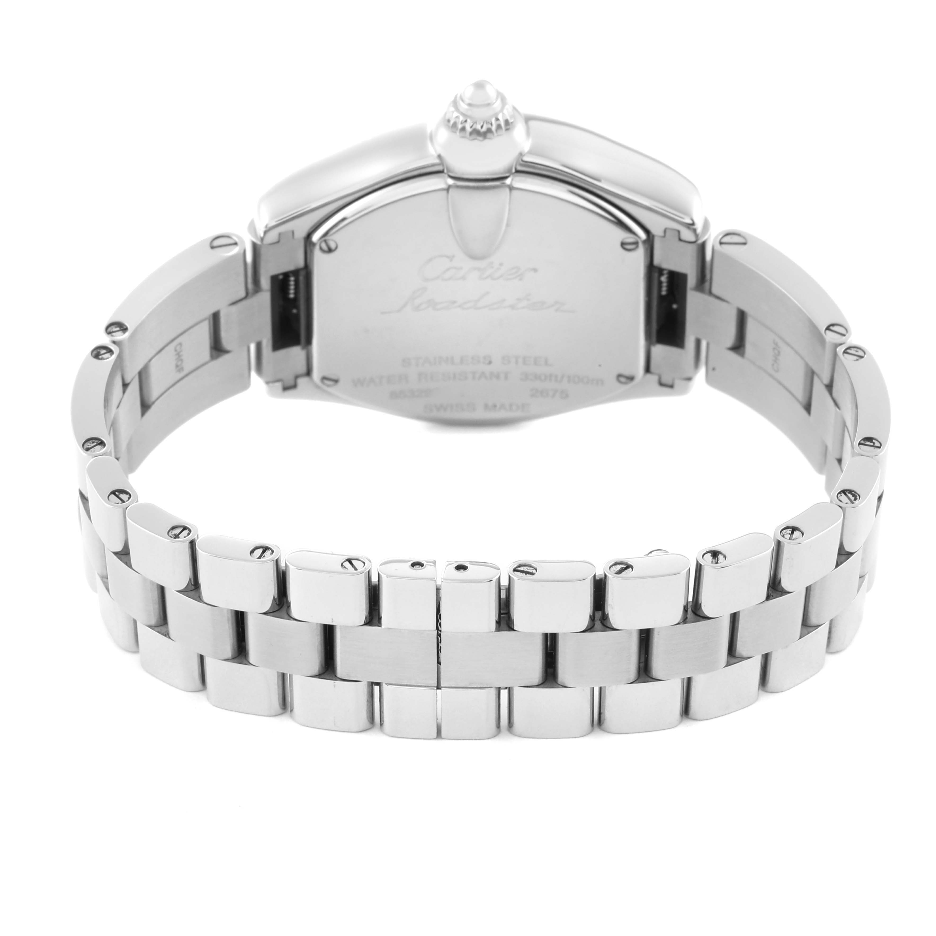 This image shows the stainless steel back and bracelet of a Cartier Roadster W62016V3 Women's Steel and Gold (two tone) Silver Dial W62016V3 Women's Steel and Gold (two tone) Silver Dial watch at a rear angle.