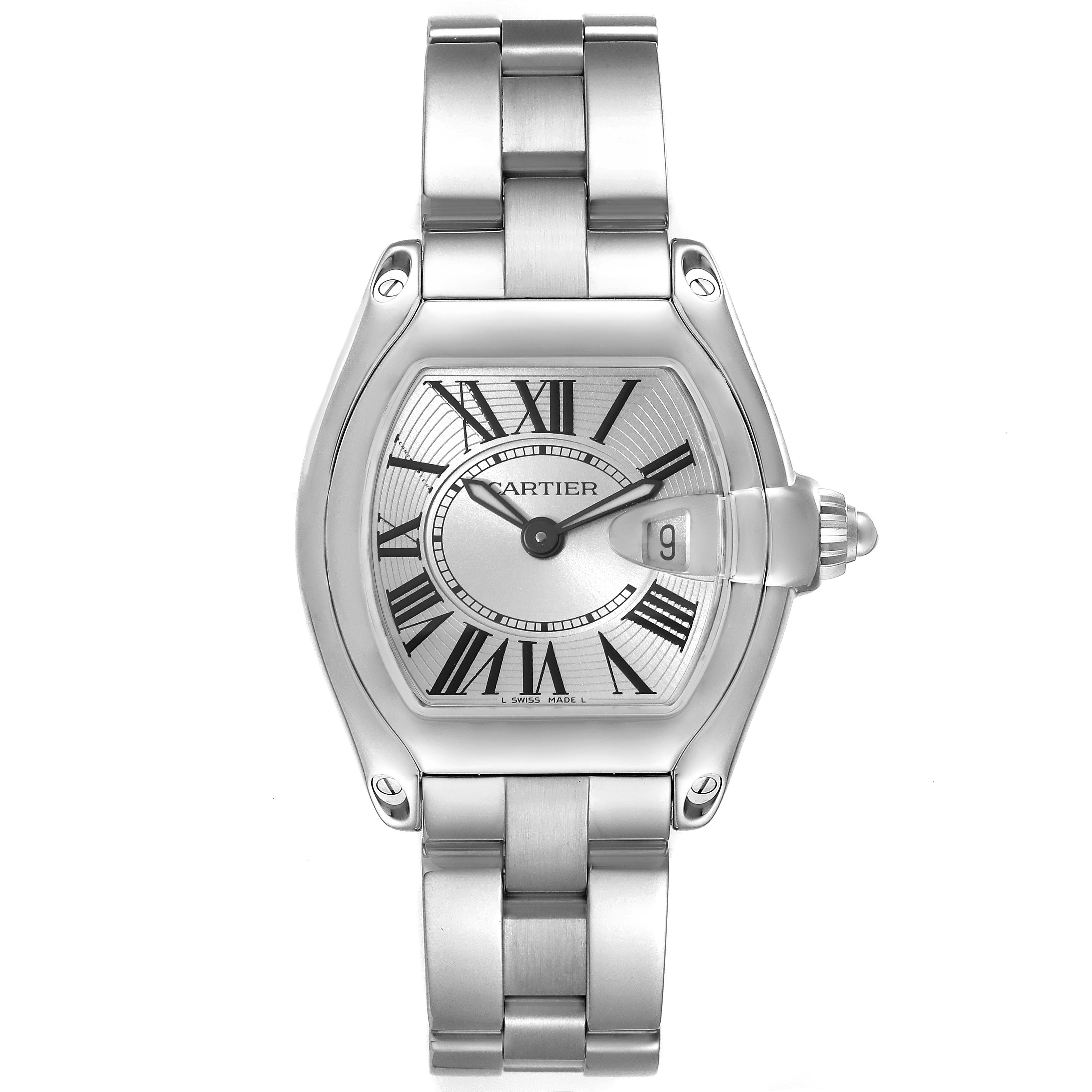 The image shows a front view of the Cartier Roadster W62016V3 Women's Steel and Gold (two tone) Silver Dial W62016V3 Women's Steel and Gold (two tone) Silver Dial watch, highlighting its stainless steel bracelet, rectangular dial, and Roman numeral markers.