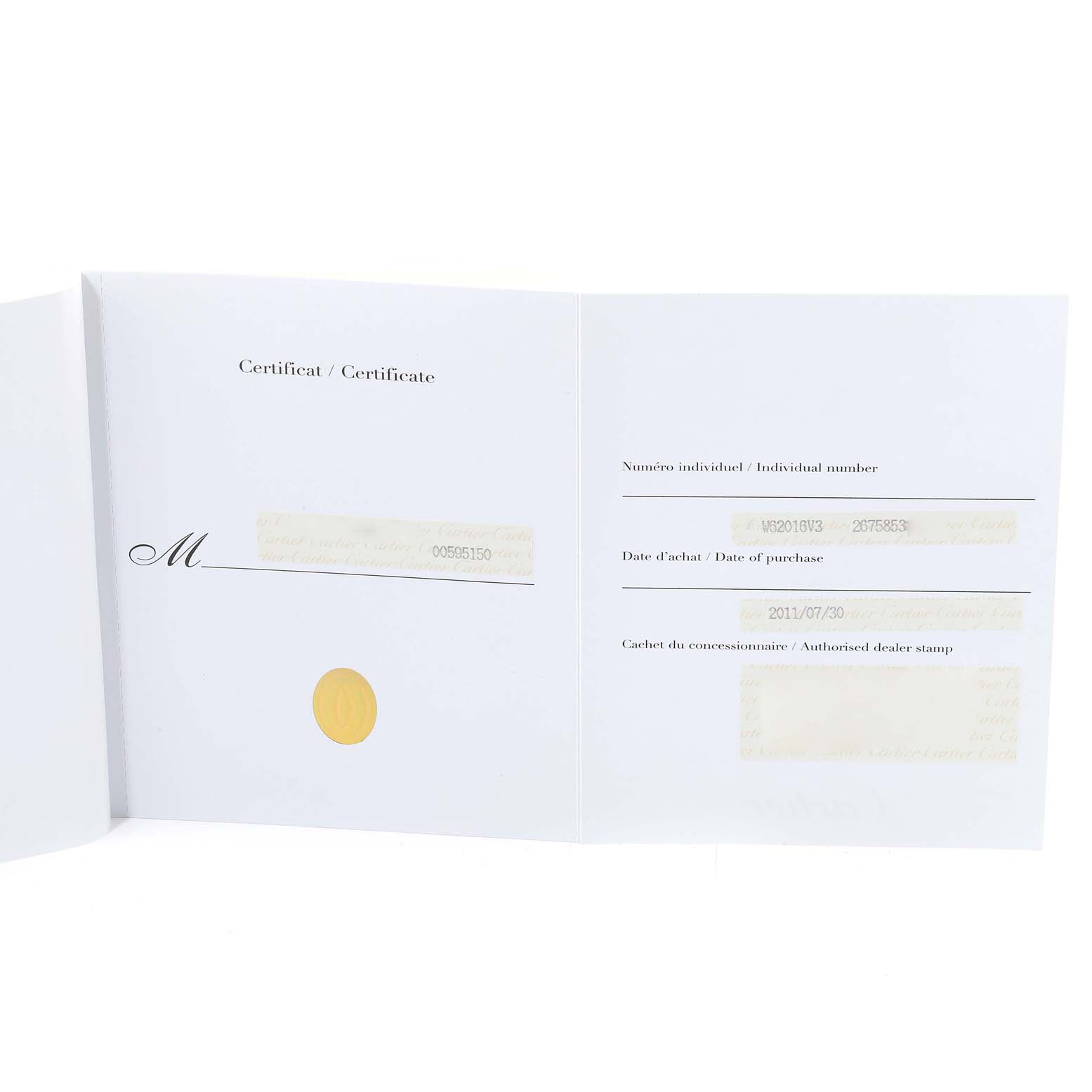This image shows the certificate and warranty card for the Cartier Roadster W62016V3 Women's Steel and Gold (two tone) Silver Dial W62016V3 Women's Steel and Gold (two tone) Silver Dial model watch.