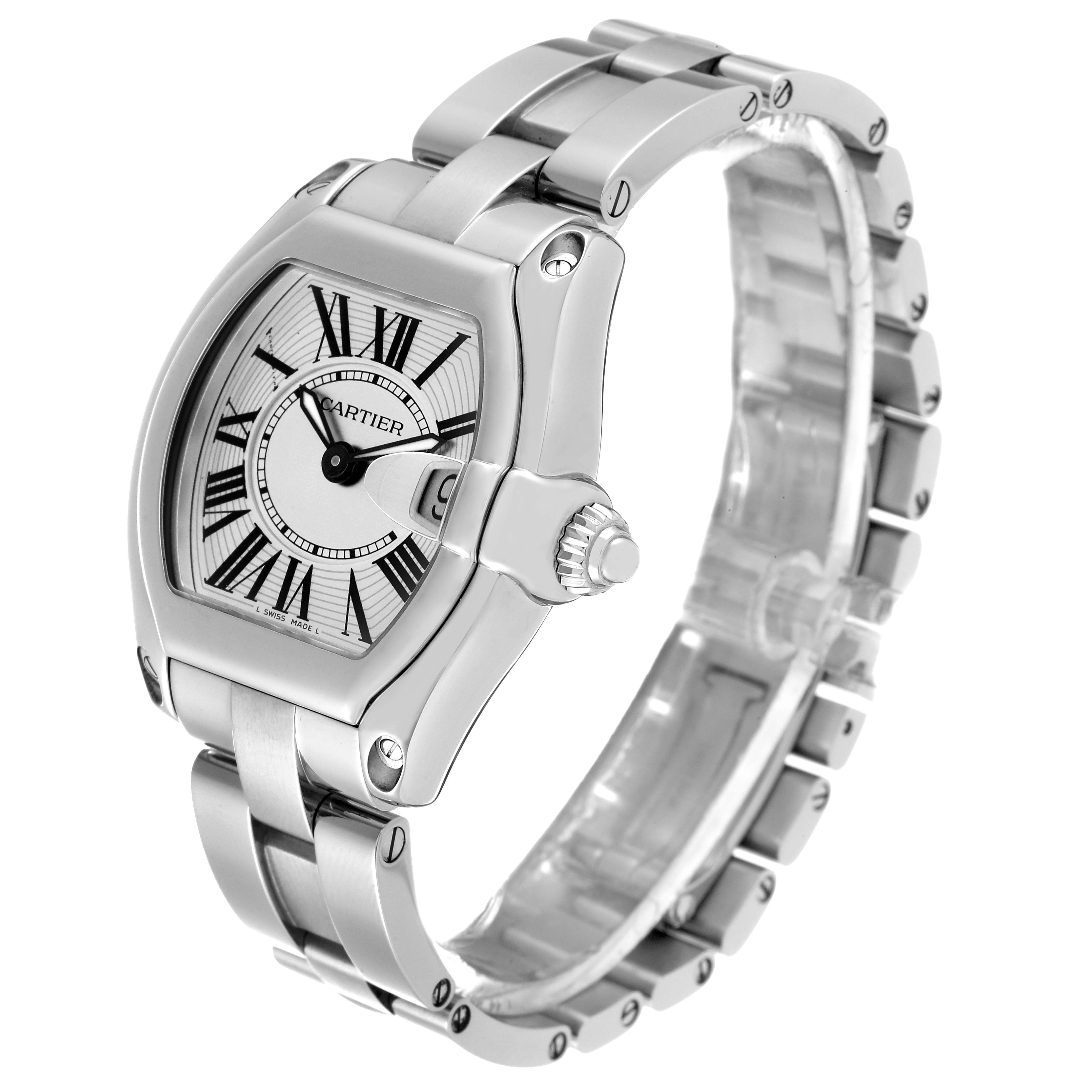 Shown is the face, bezel, bracelet, and crown of the Cartier Roadster W62016V3 Women's Steel and Gold (two tone) Silver Dial W62016V3 Women's Steel and Gold (two tone) Silver Dial watch from a 3/4 angle view.