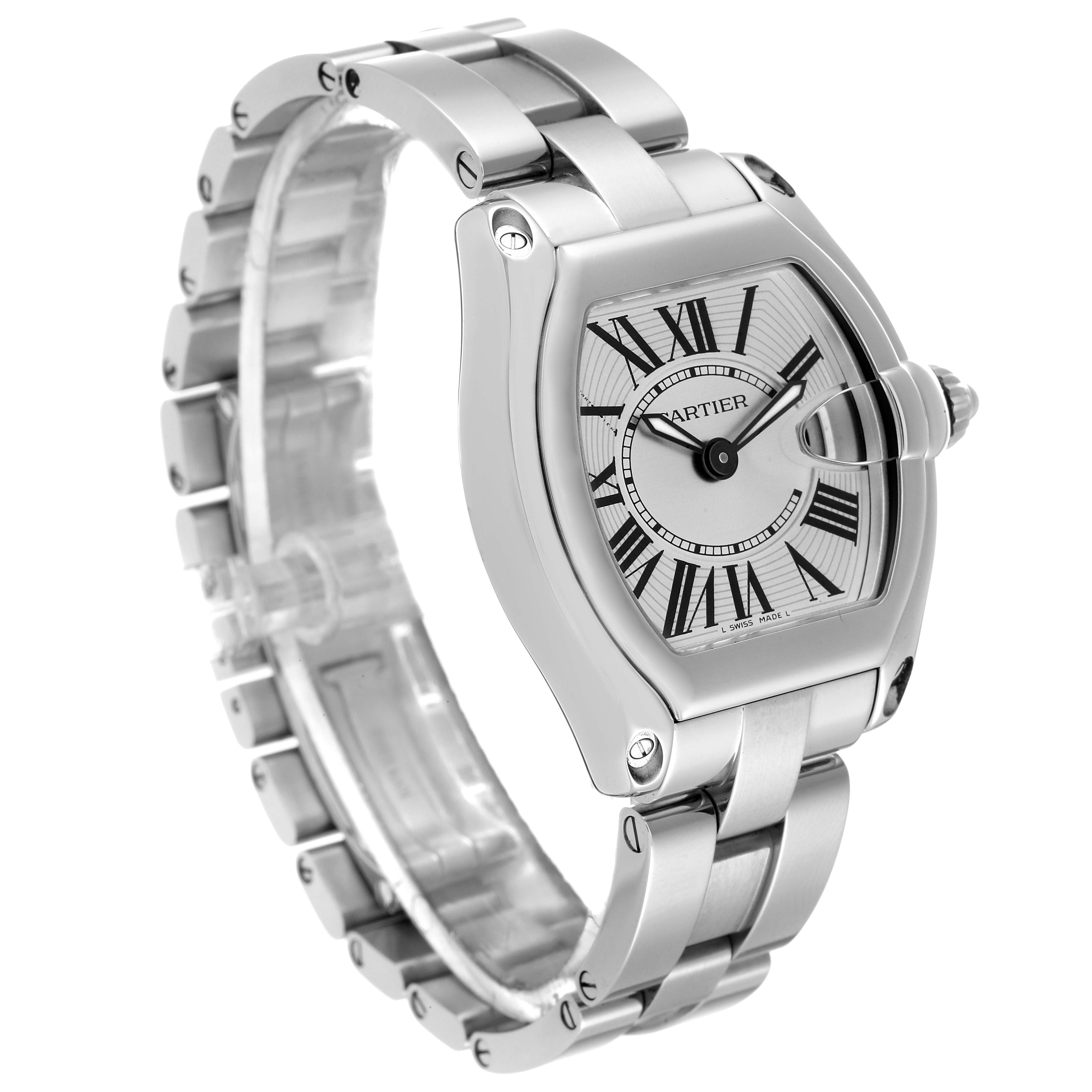 The image shows a Cartier Roadster W62016V3 Women's Steel and Gold (two tone) Silver Dial W62016V3 Women's Steel and Gold (two tone) Silver Dial watch at a three-quarter angle, highlighting the face, bezel, and bracelet.
