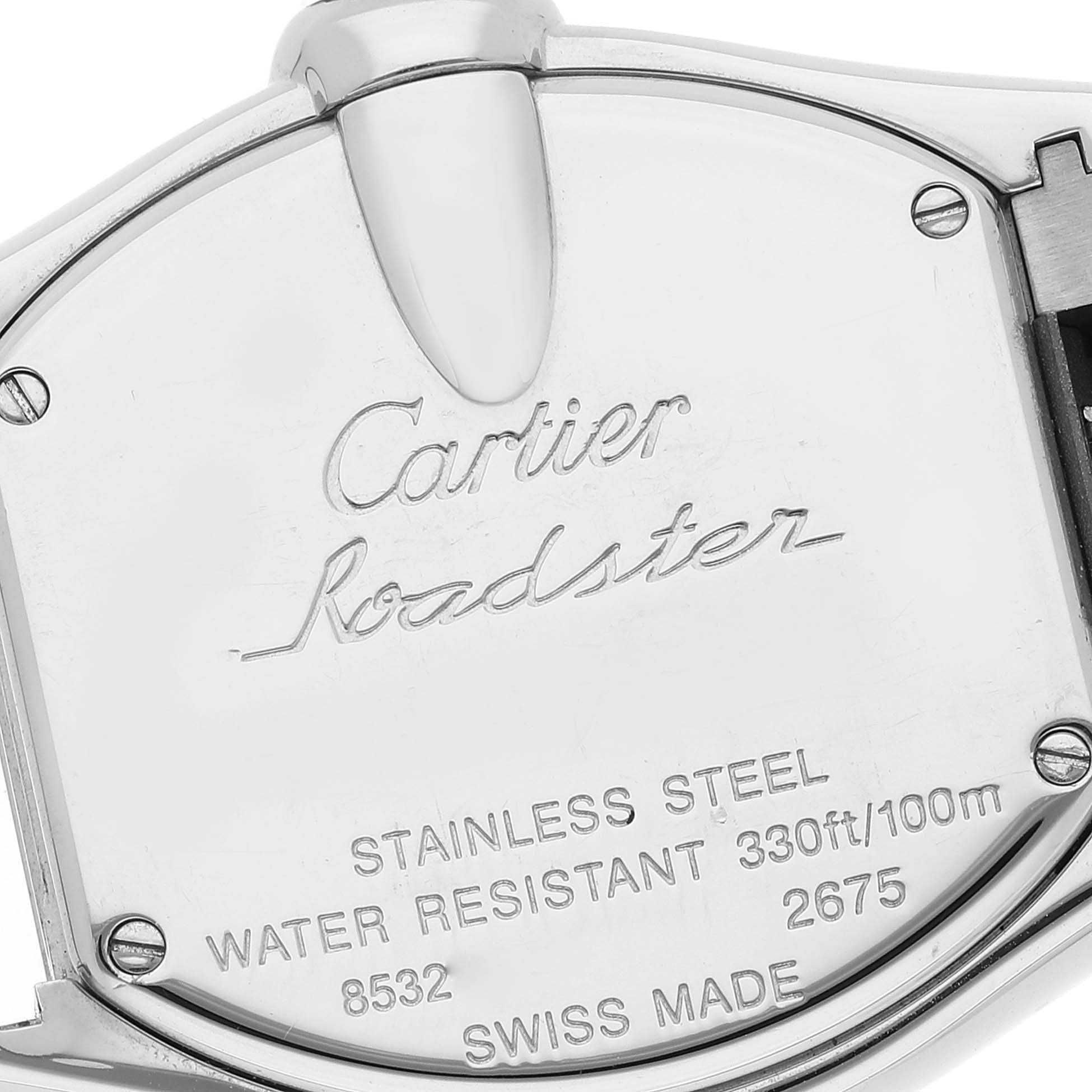 This image shows the back case of a Cartier Roadster W62016V3 Women's Steel and Gold (two tone) Silver Dial W62016V3 Women's Steel and Gold (two tone) Silver Dial watch, highlighting brand engraving and specifications.