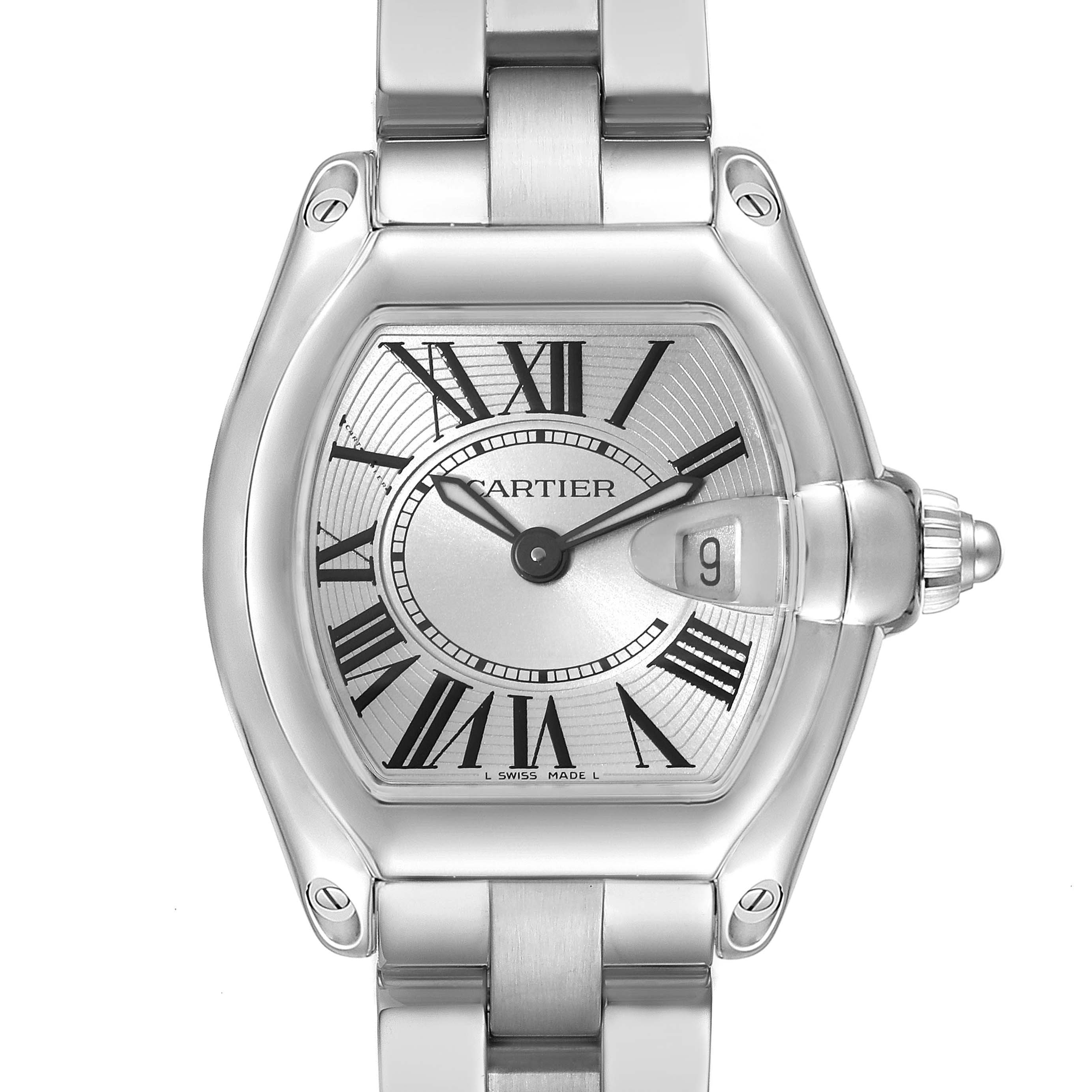 The image shows a front-angle view of a Cartier Roadster W62016V3 Women's Steel and Gold (two tone) Silver Dial W62016V3 Women's Steel and Gold (two tone) Silver Dial watch, highlighting the dial, hands, and bracelet.