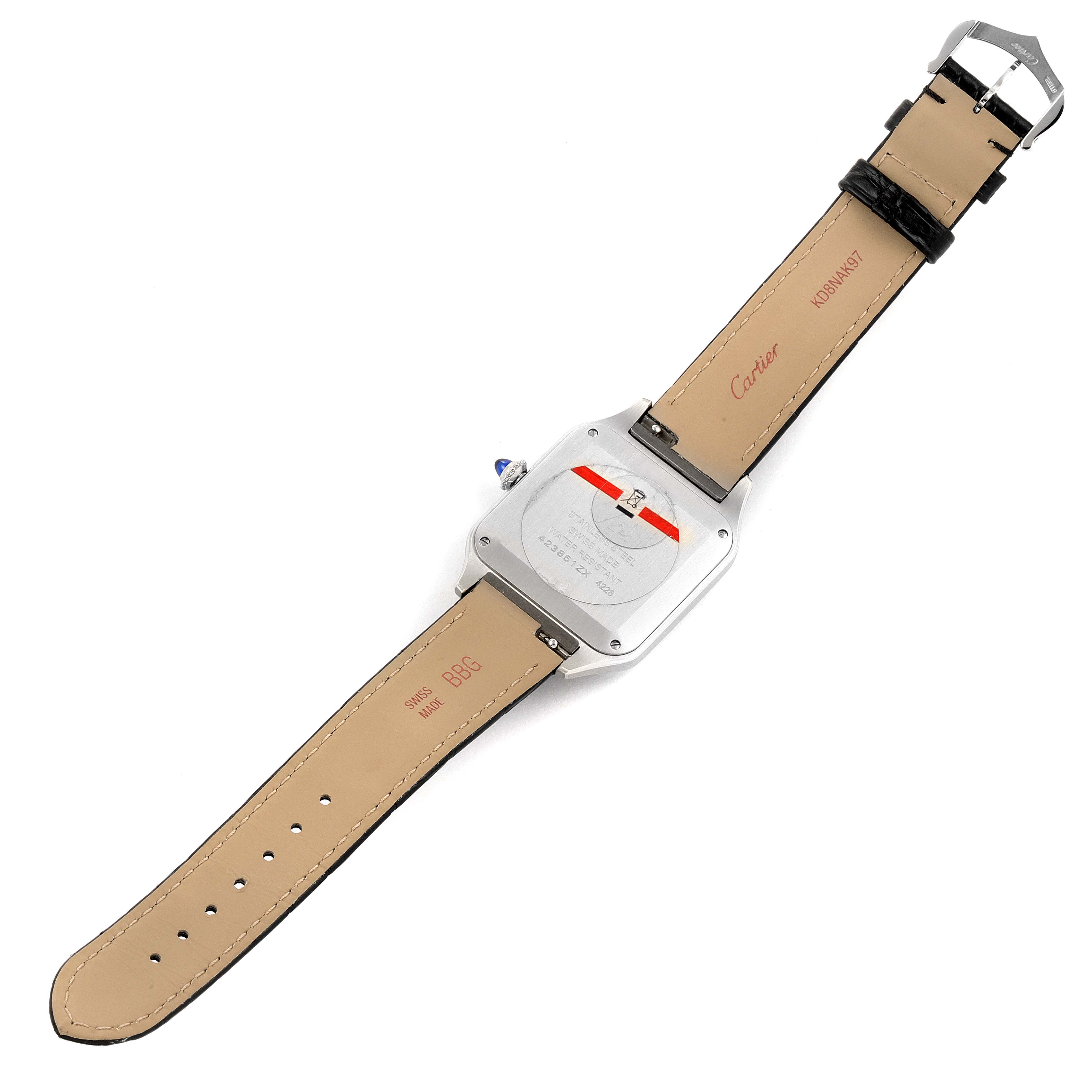 This image shows the back view of the Santos Dumont watch by Cartier, highlighting the case back and leather strap.