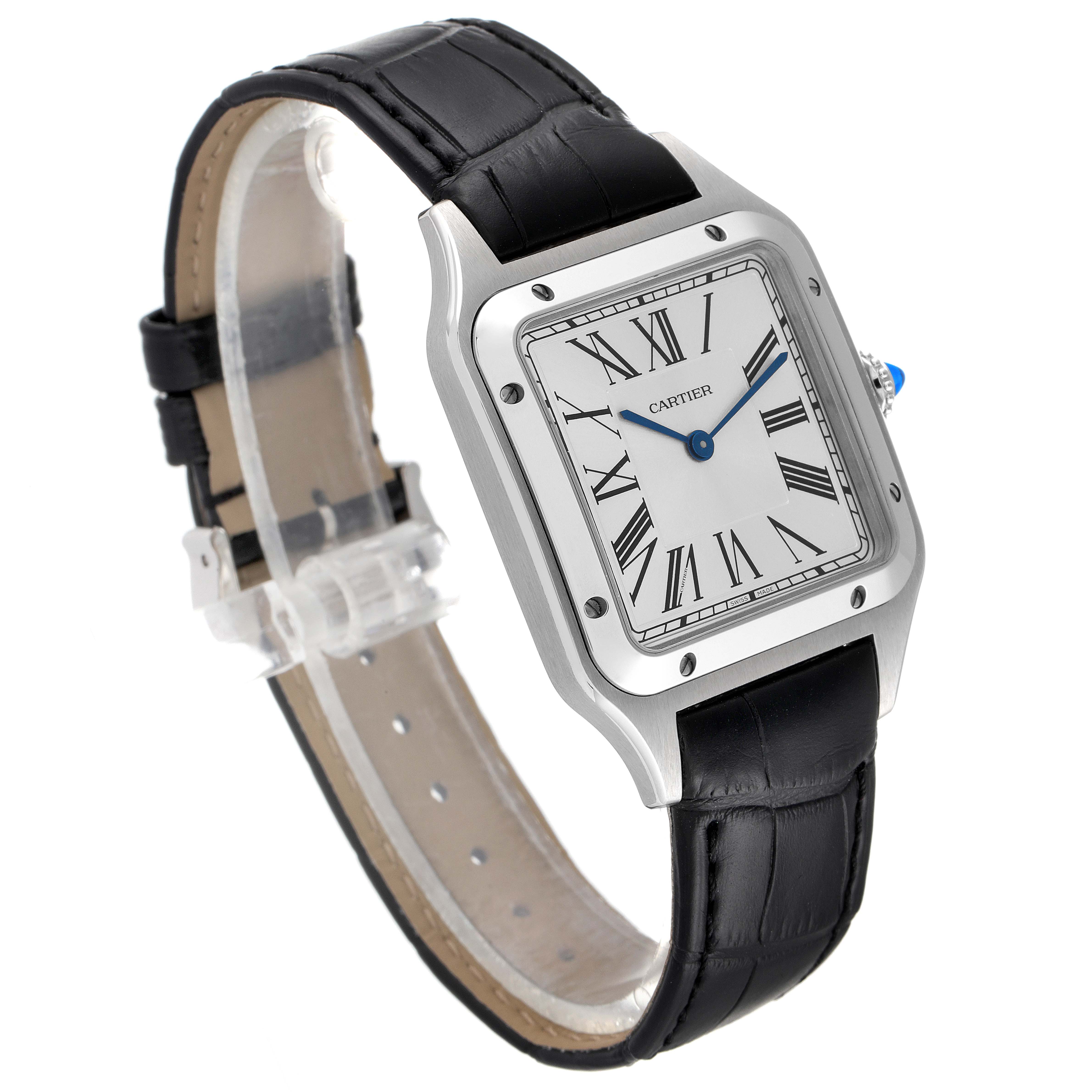 This image shows a front angle of the Cartier Santos Dumont WSSA0022 Men's Stainless Steel Silver Dial WSSA0022 Men's Stainless Steel Silver Dial watch with a black leather strap and a silver rectangular case.