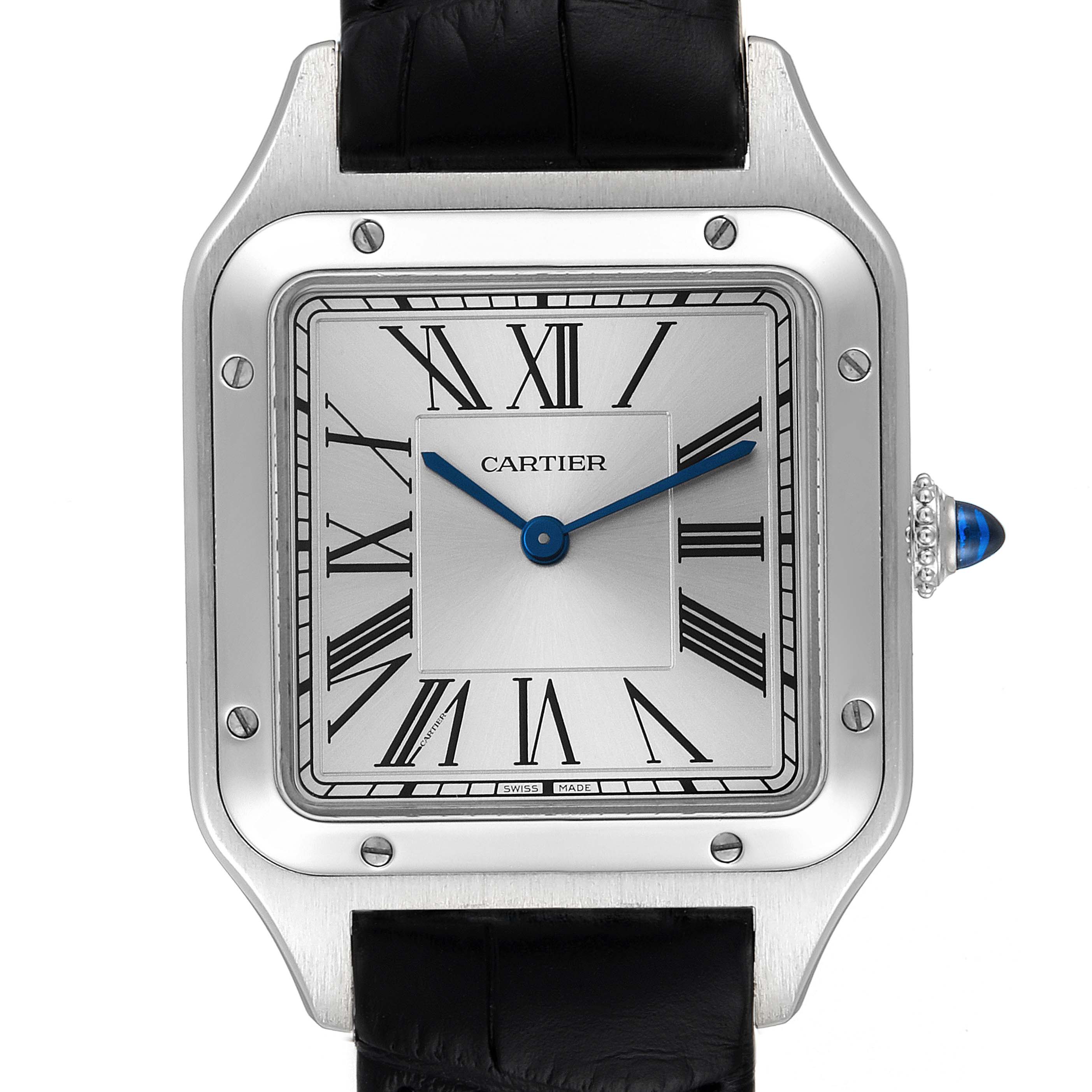 This image shows the front view of a Cartier Santos Dumont WSSA0022 Men's Stainless Steel Silver Dial WSSA0022 Men's Stainless Steel Silver Dial model watch, highlighting its square face, sapphire crown, and leather strap.