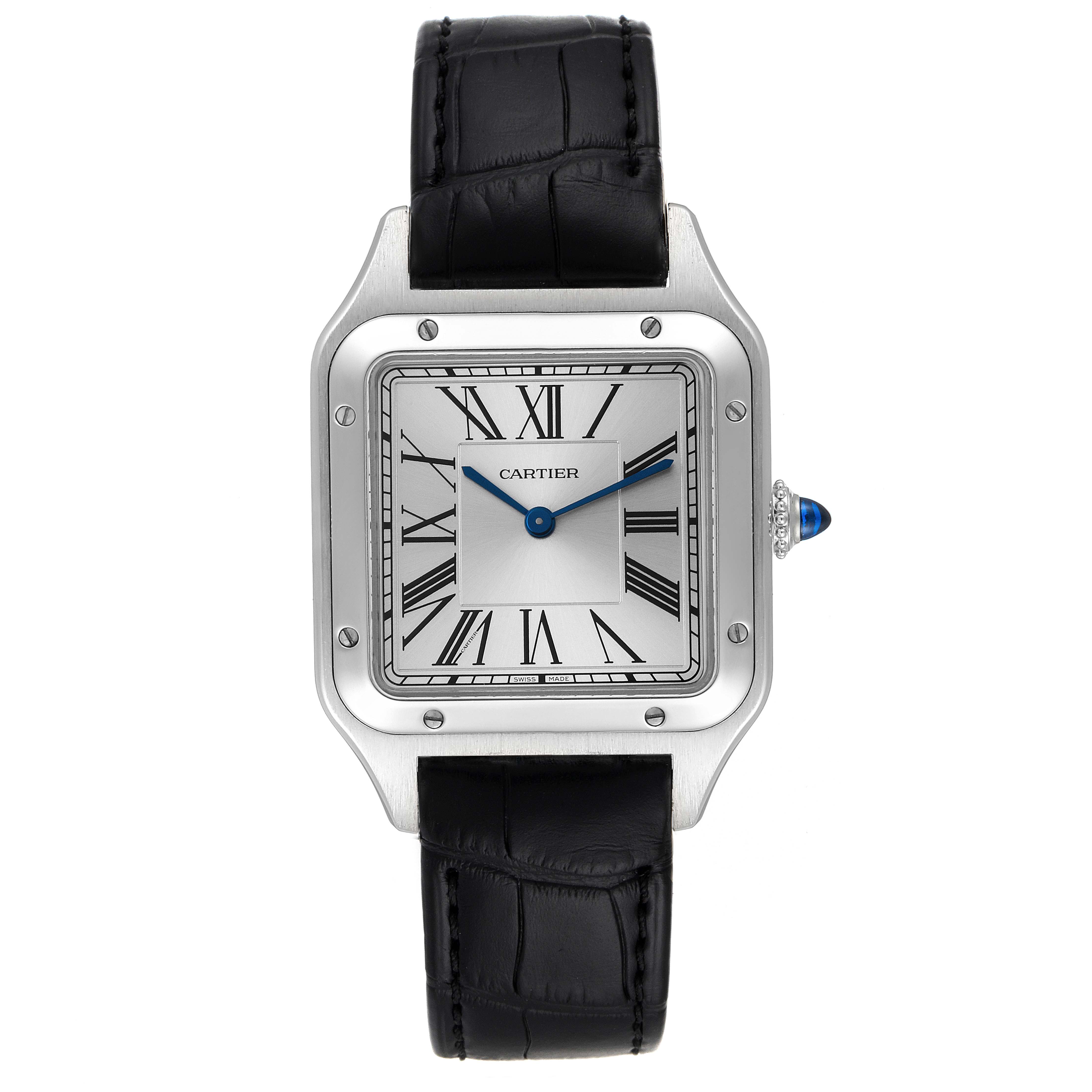 The Cartier Santos Dumont WSSA0022 Men's Stainless Steel Silver Dial WSSA0022 Men's Stainless Steel Silver Dial watch is shown from a top-down angle, highlighting its face, bezel, crown, and black leather strap.