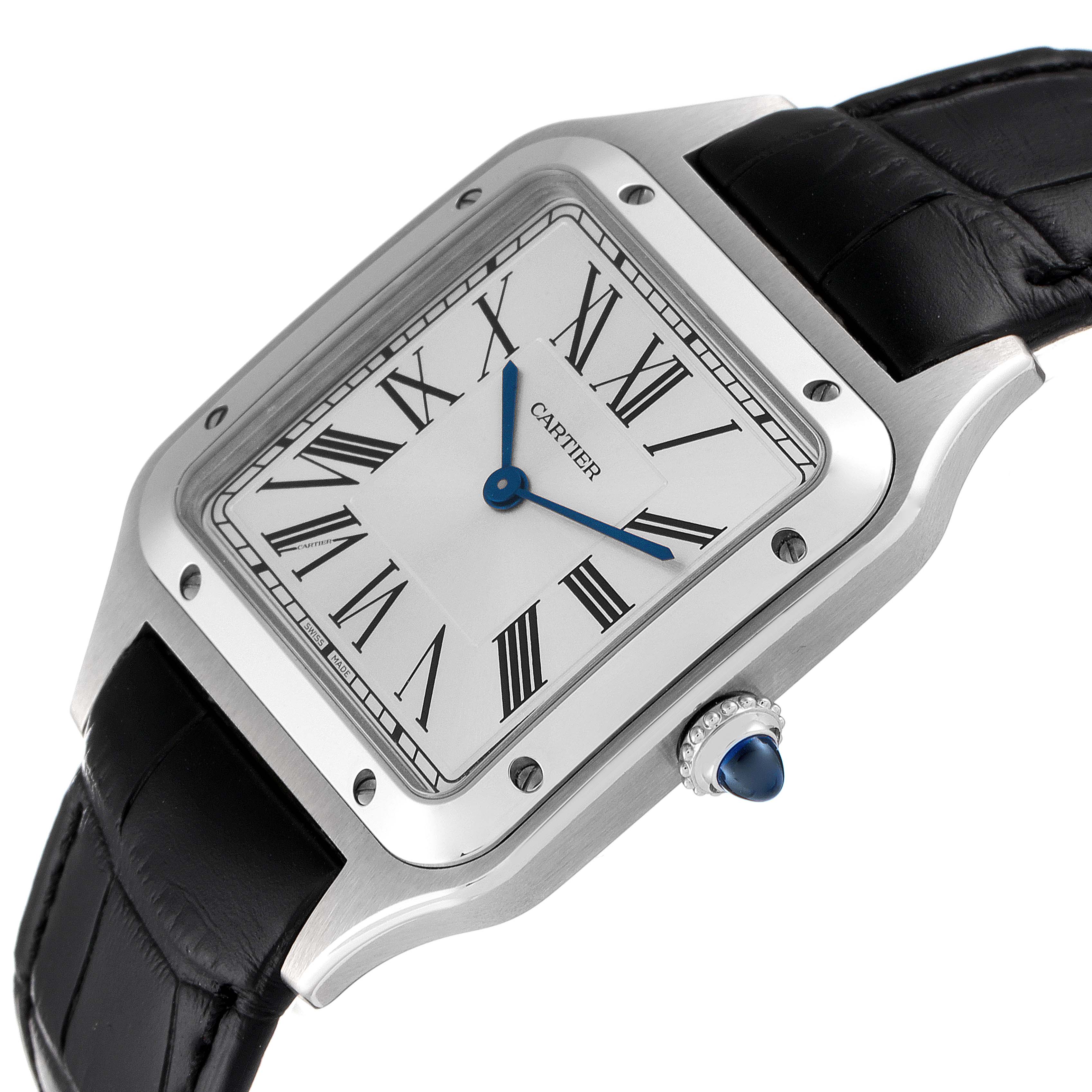 The image shows a close-up, angled view of a Cartier Santos Dumont WSSA0022 Men's Stainless Steel Silver Dial WSSA0022 Men's Stainless Steel Silver Dial watch, highlighting the dial, Roman numerals, and black leather strap.