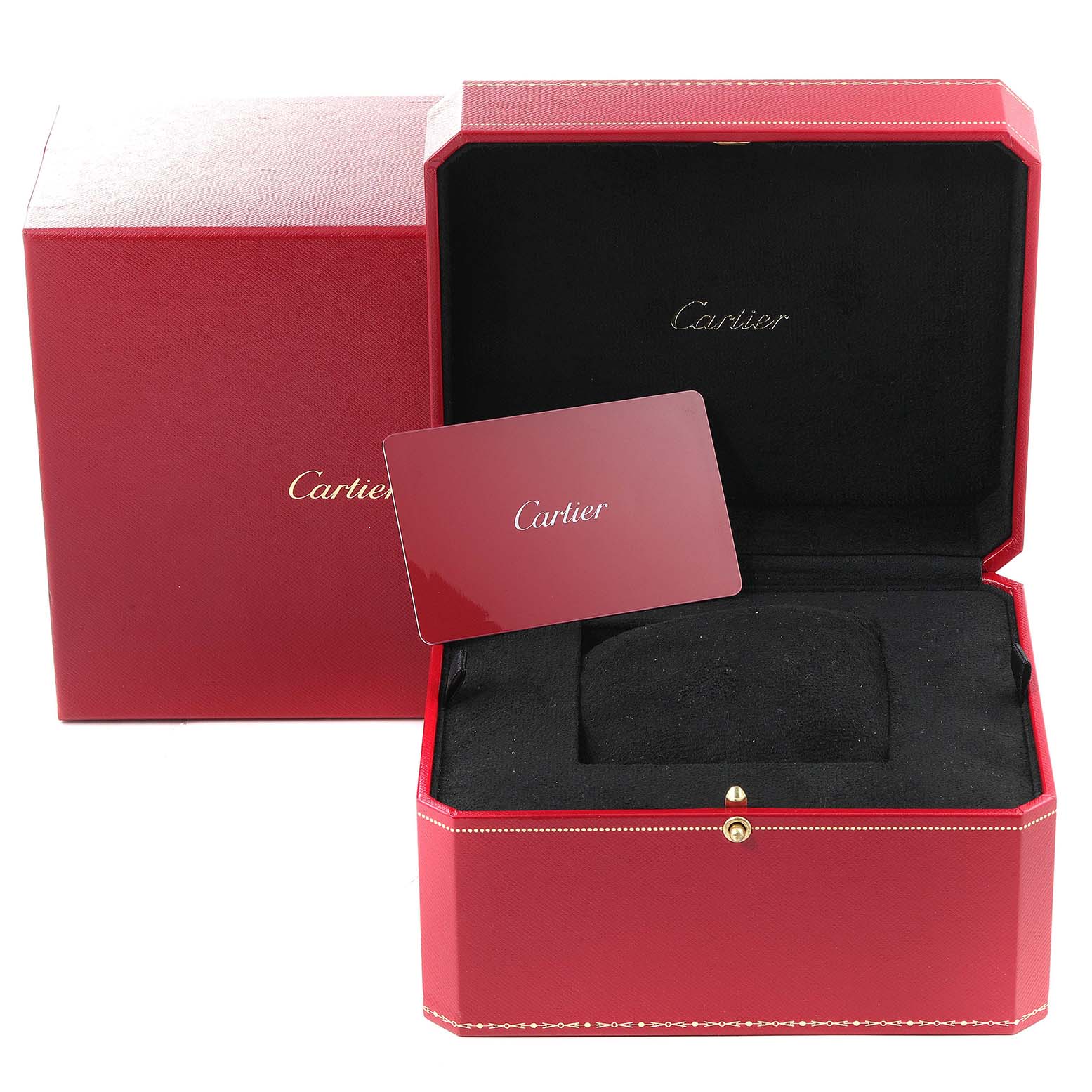 The image shows a Cartier Santos Dumont WSSA0022 Men's Stainless Steel Silver Dial WSSA0022 Men's Stainless Steel Silver Dial watch box and warranty card at an angled top view.