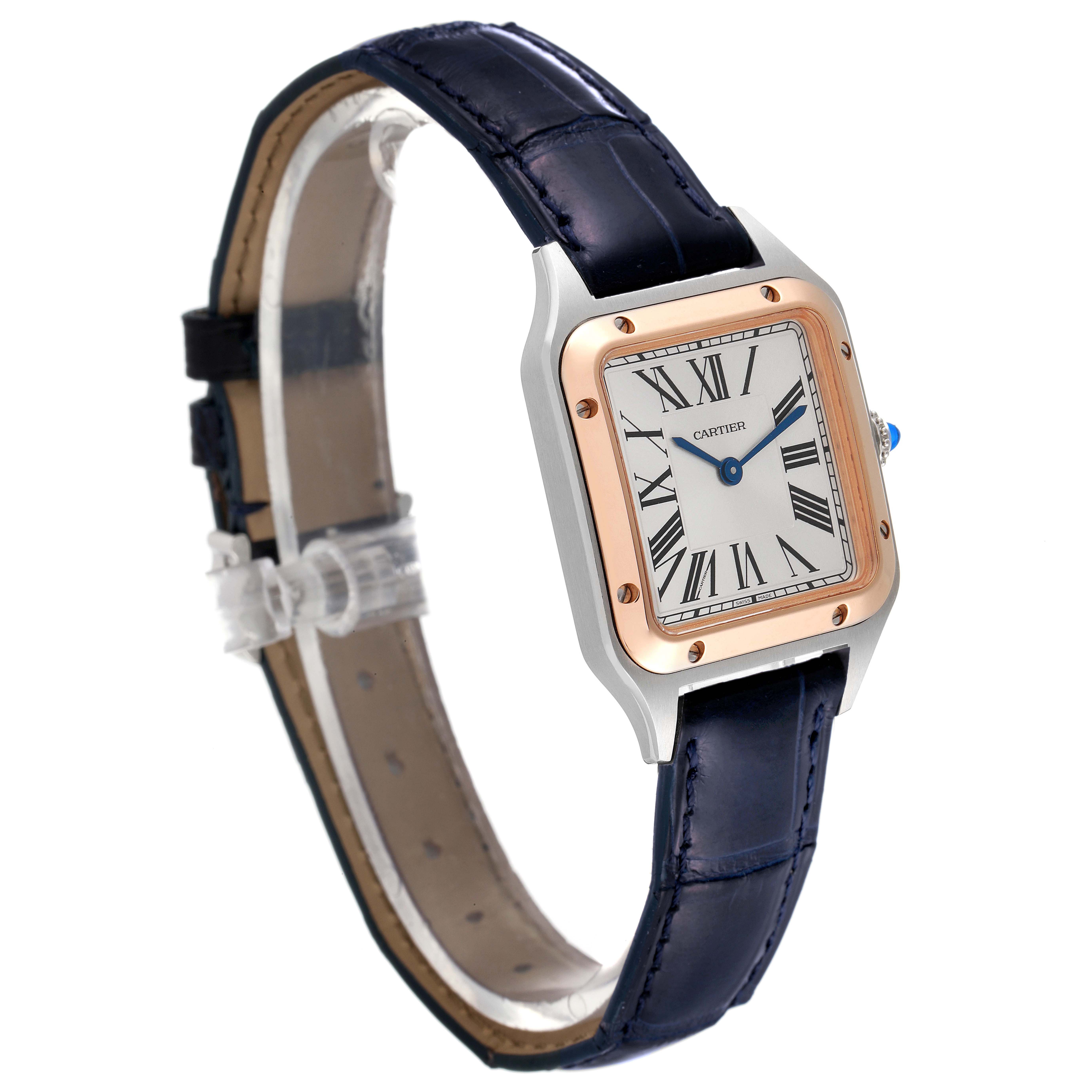 The image shows a Cartier Santos W2SA0012 Women's Steel and Gold (two tone) Silver Dial W2SA0012 Women's Steel and Gold (two tone) Silver Dial watch angled from the front-left side, highlighting its square face, leather strap, and crown.