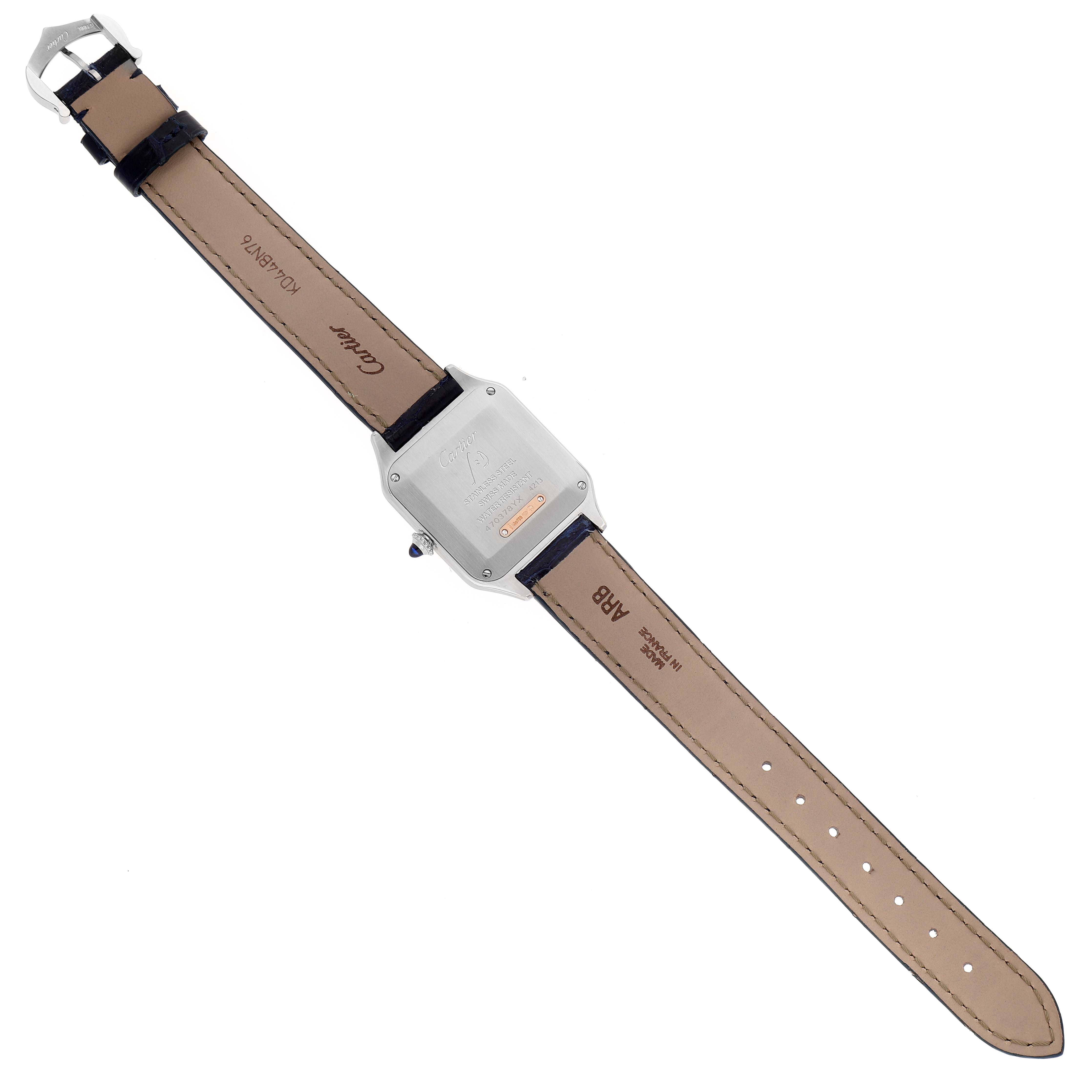 The image shows the back and straps of a Cartier Santos W2SA0012 Women's Steel and Gold (two tone) Silver Dial W2SA0012 Women's Steel and Gold (two tone) Silver Dial watch, laid out flat with the case back visible.