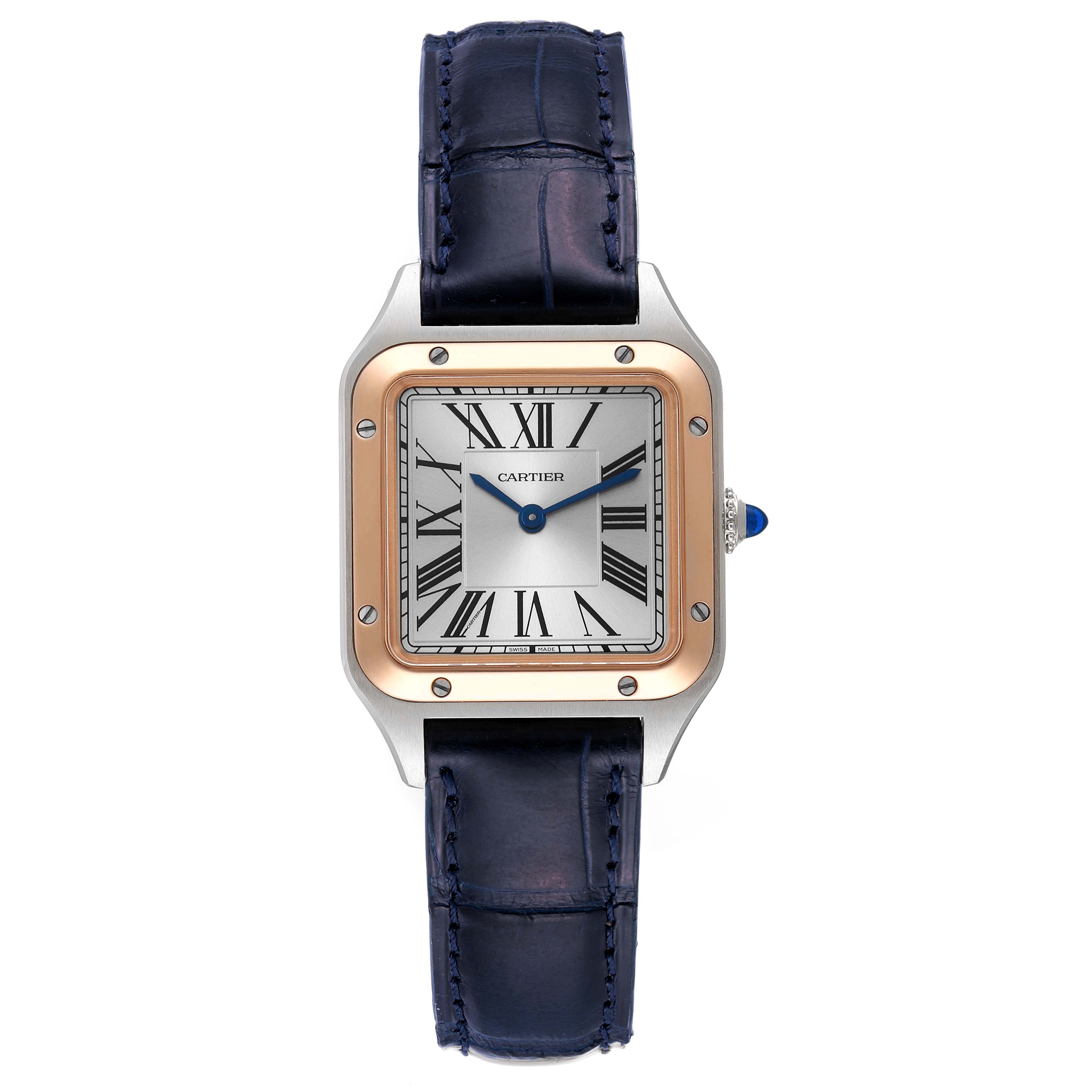 This is a front view of the Santos model by Cartier, showing the watch face, case, bezel, and strap.