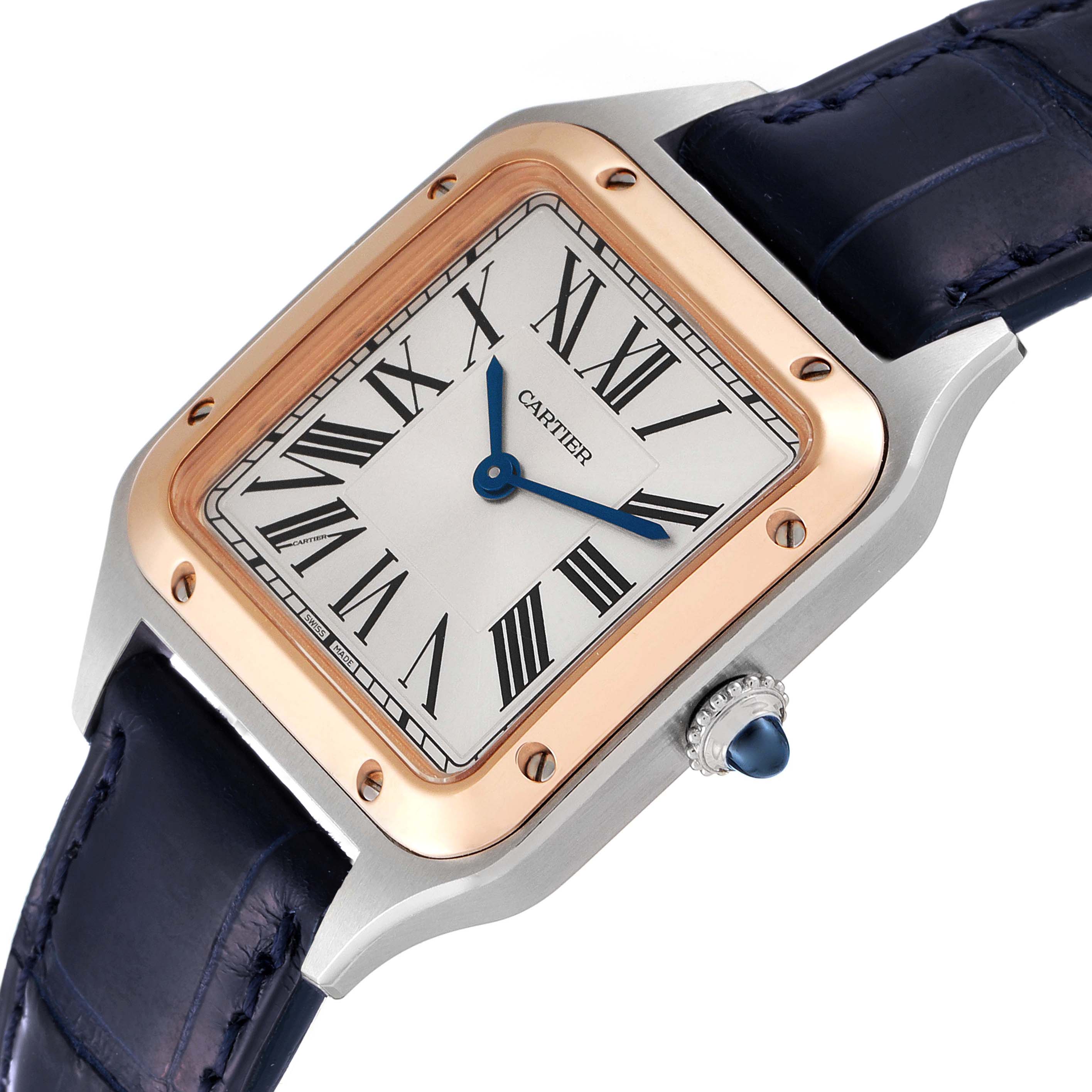 The image shows a Cartier Santos W2SA0012 Women's Steel and Gold (two tone) Silver Dial W2SA0012 Women's Steel and Gold (two tone) Silver Dial watch at a slight angle, highlighting the dial, bezel, and part of the leather strap.