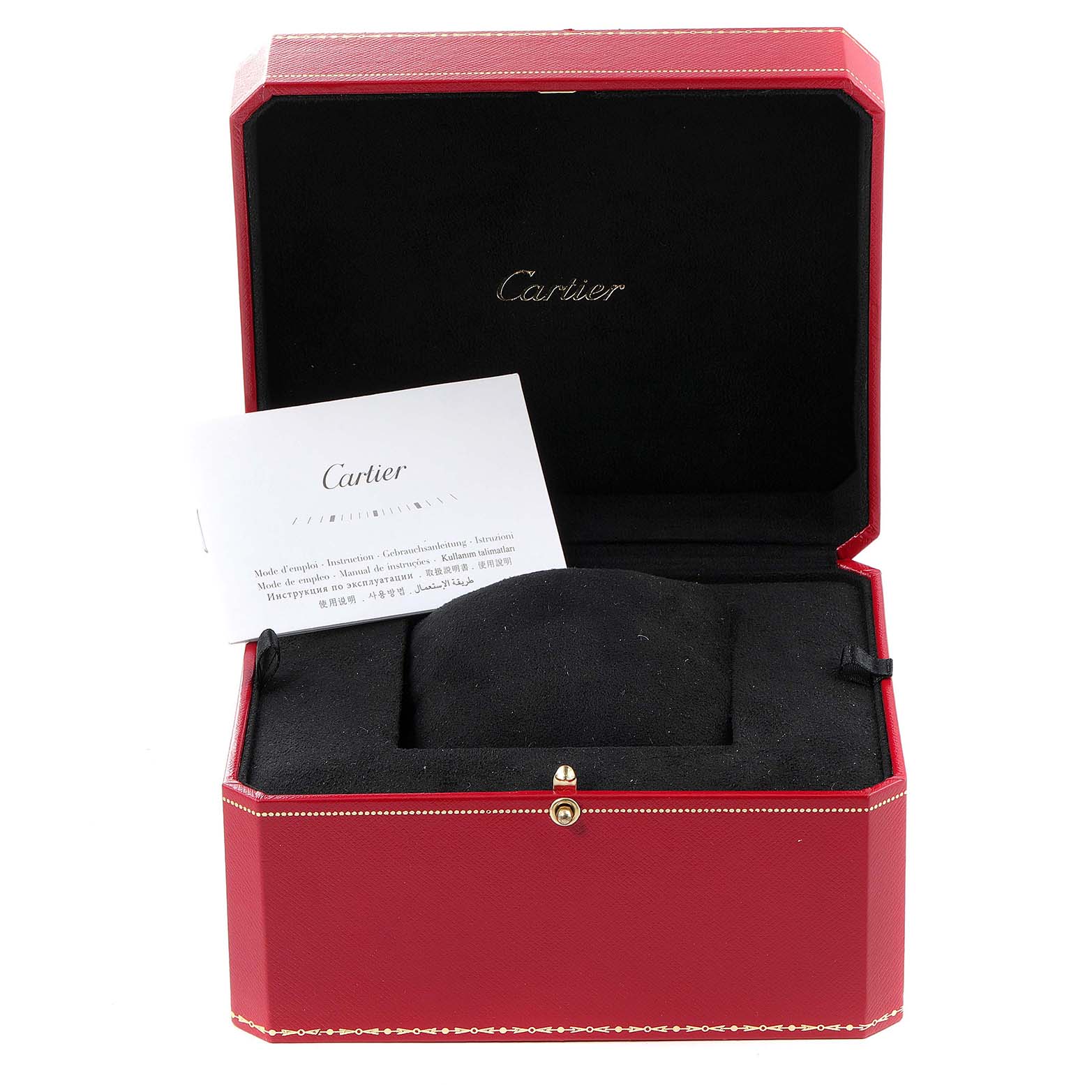 The image shows an open Cartier watch box for the Santos model, featuring a black interior and accompanying paperwork.